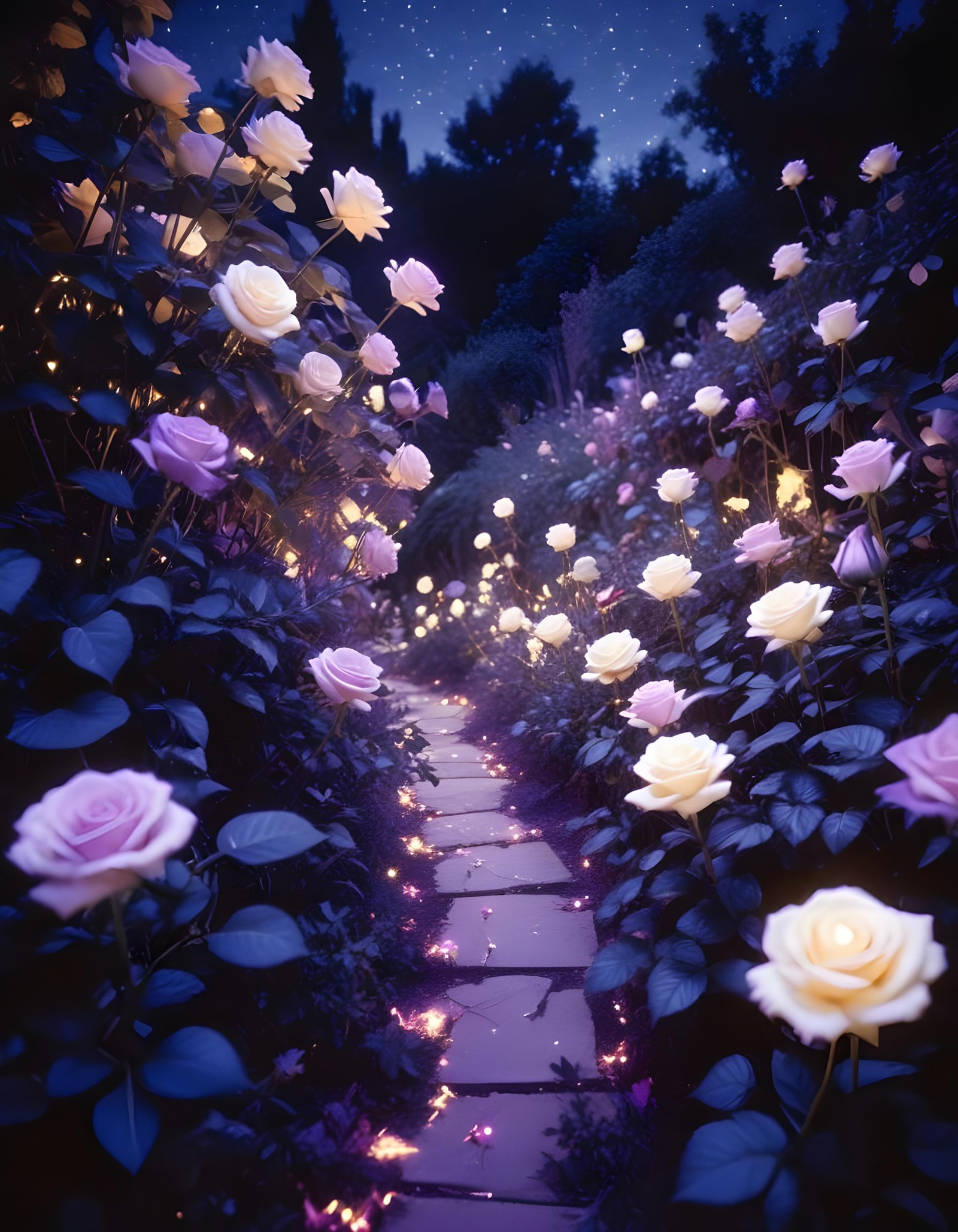 Moonlit Rose Garden Fantasy Landscape with Blooming Flowers and Night Sky