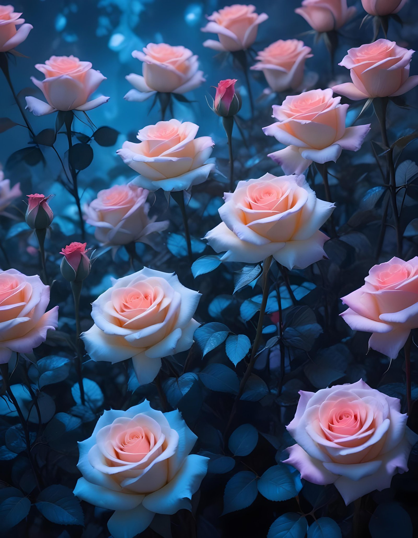 Moonlit Rose Garden Fantasy Landscape with Blooming Flowers and Night Sky