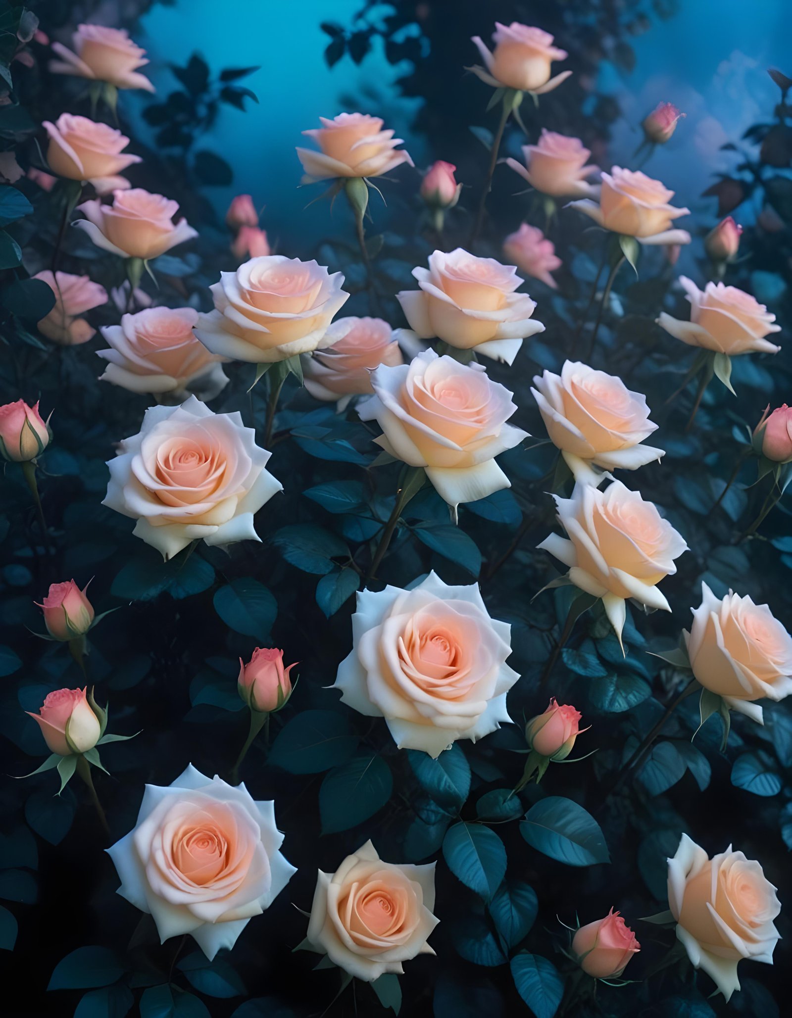 Moonlit Rose Garden Fantasy Landscape with Blooming Flowers and Night Sky