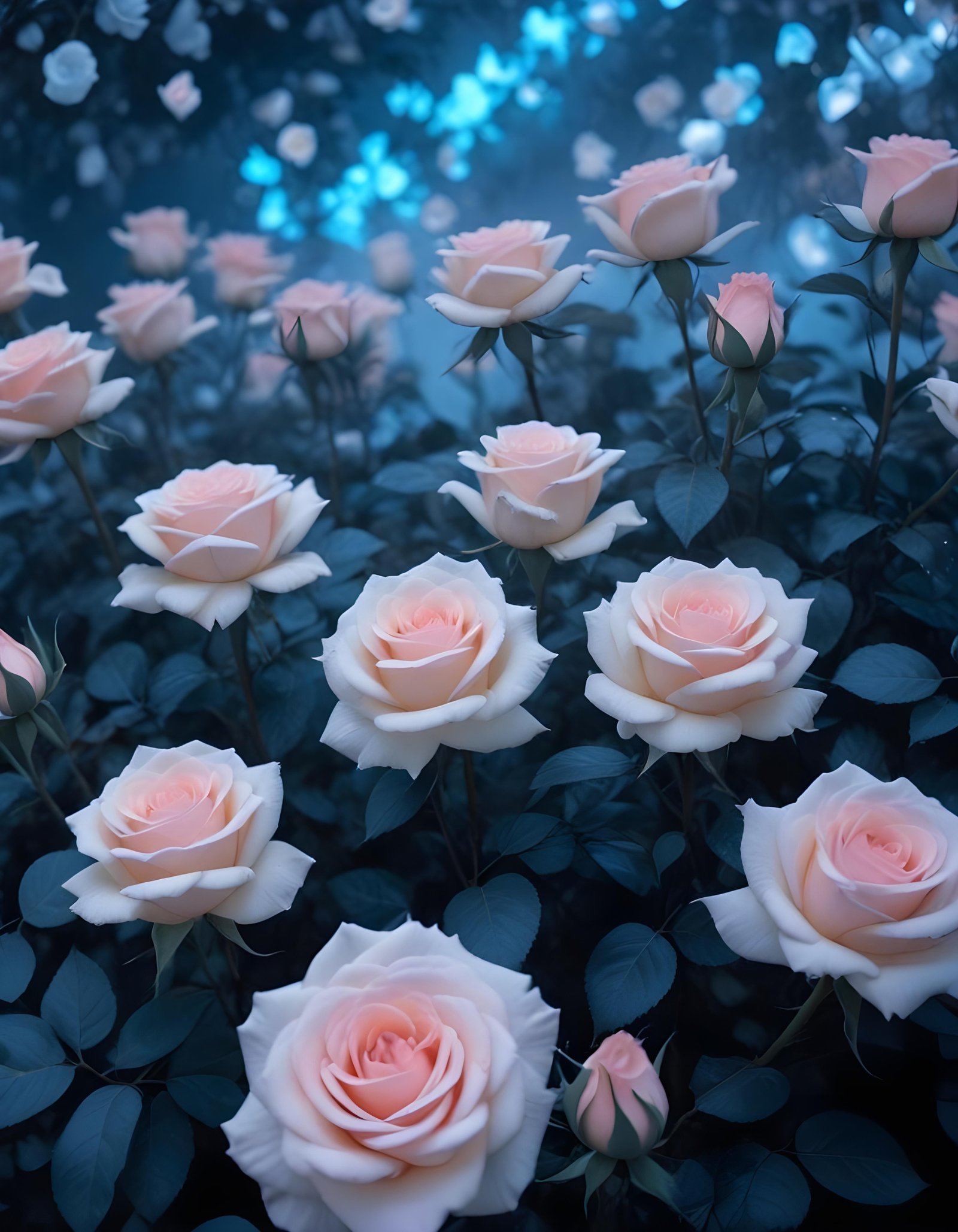 Moonlit Rose Garden Fantasy Landscape with Blooming Flowers and Night Sky