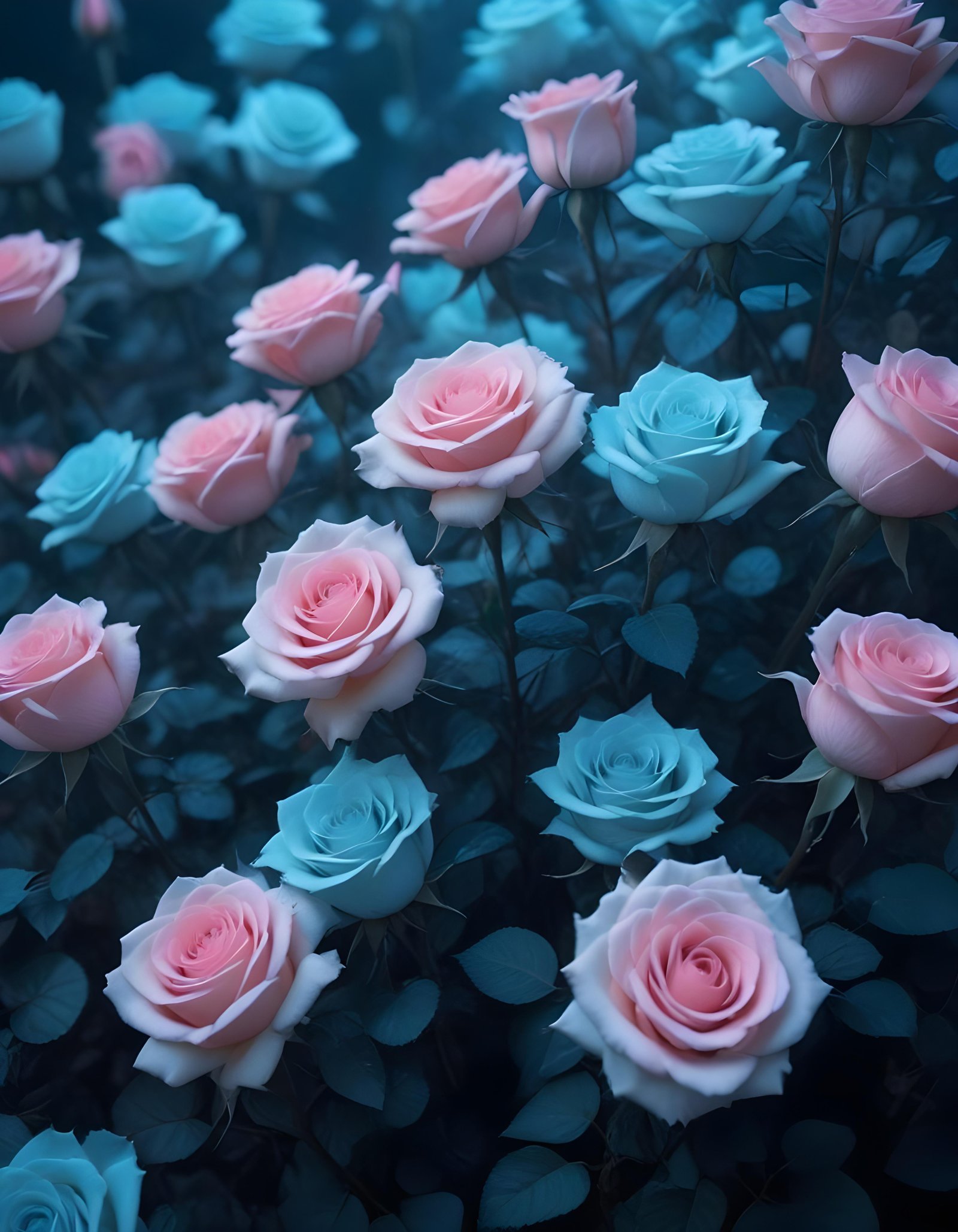 Moonlit Rose Garden Fantasy Landscape with Blooming Flowers and Night Sky