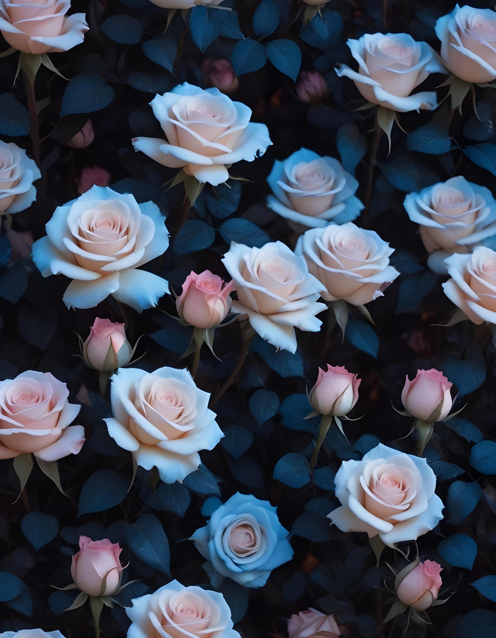 Moonlit Rose Garden Fantasy Landscape with Blooming Flowers and Night Sky
