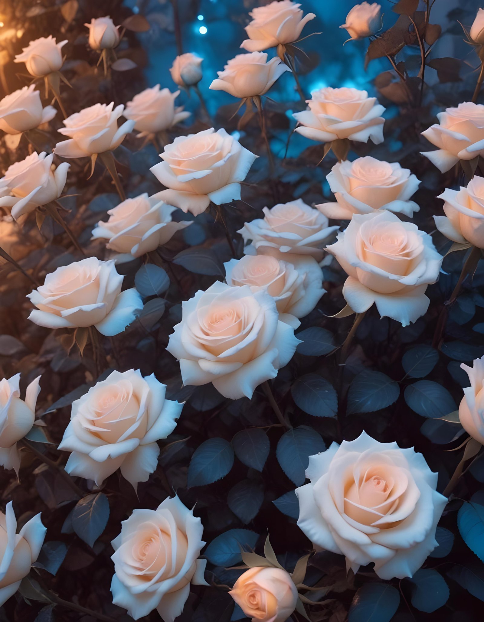 Moonlit Rose Garden Fantasy Landscape with Blooming Flowers and Night Sky