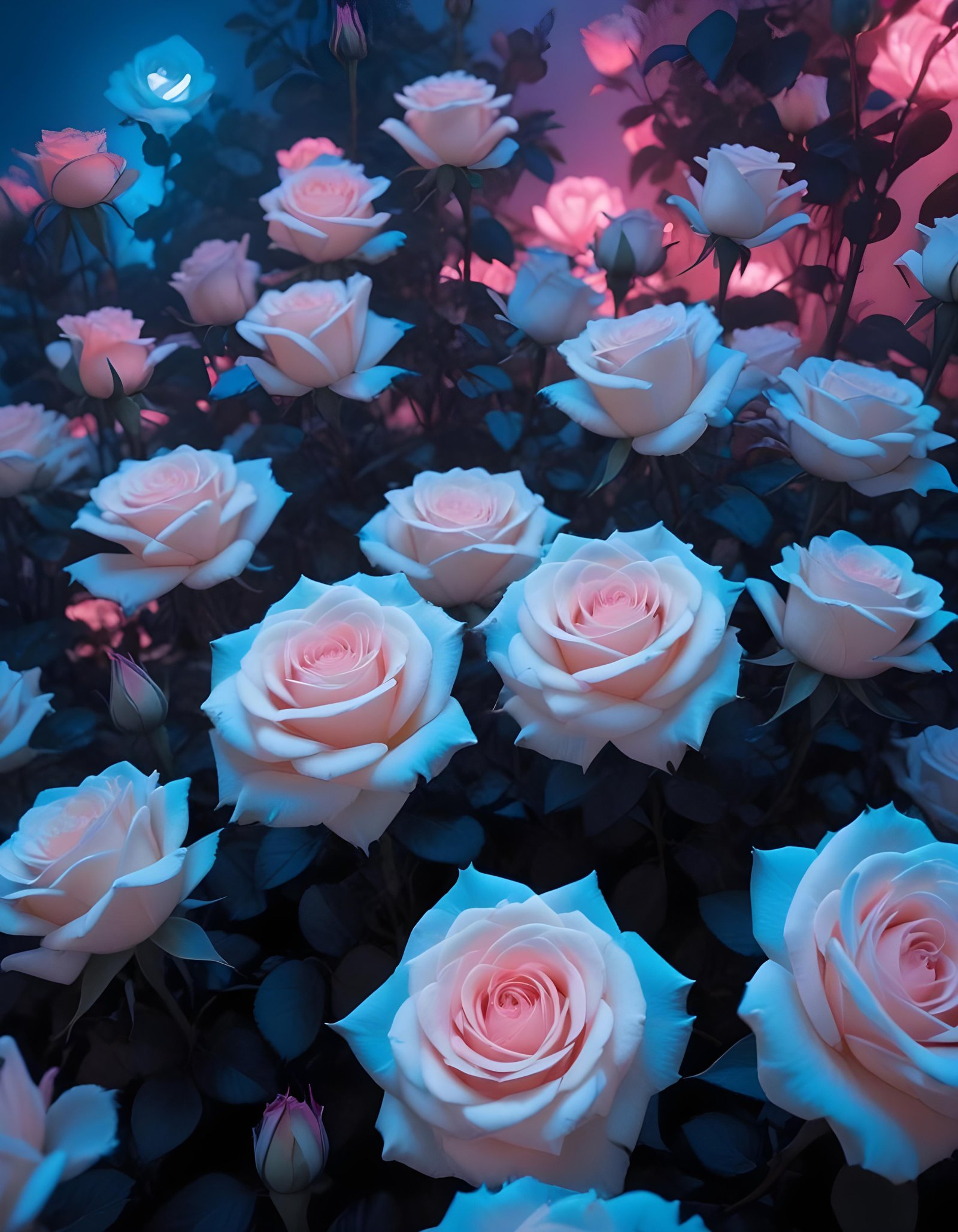 Moonlit Rose Garden Fantasy Landscape with Blooming Flowers and Night Sky