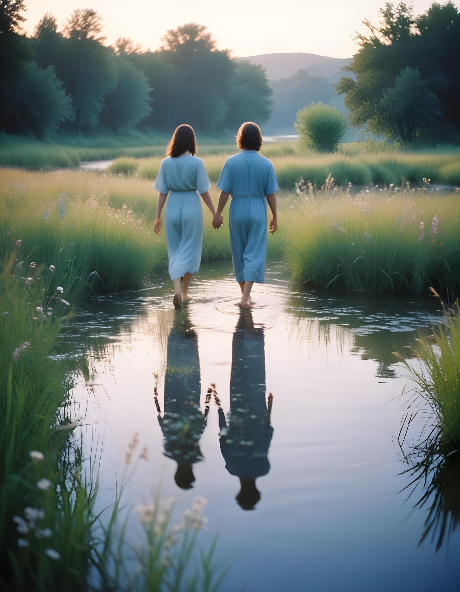 Romantic Couple Walking Together in Nature at Sunset and Moonlight Background