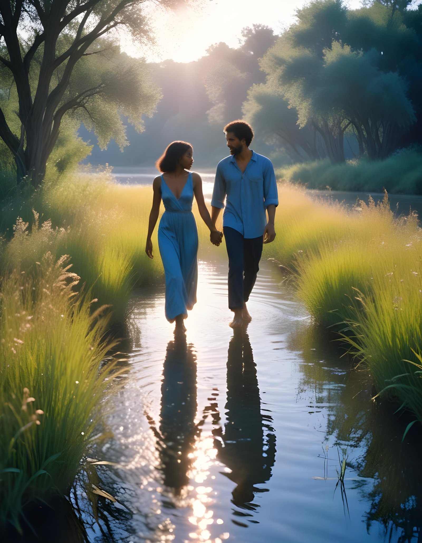 Romantic Couple Walking Together in Nature at Sunset and Moonlight Background