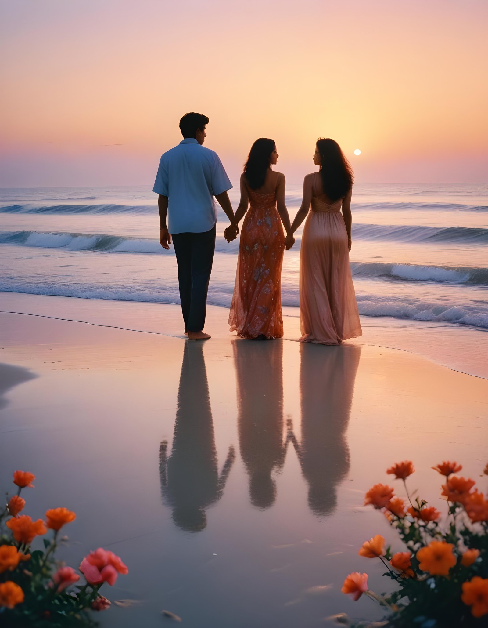 Romantic Couple Walking Together in Nature at Sunset and Moonlight Background
