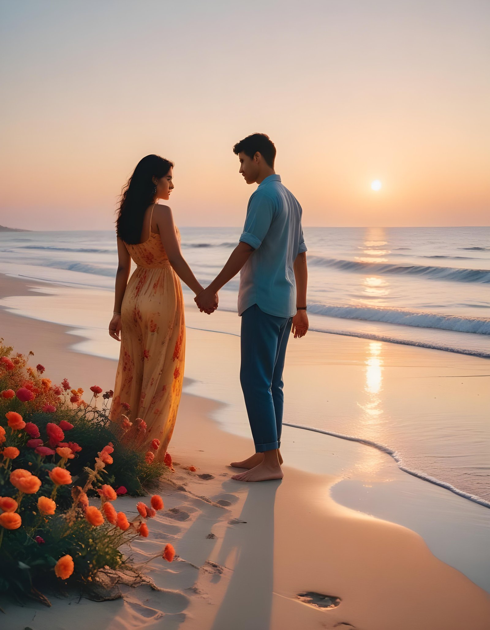 Romantic Couple Walking Together in Nature at Sunset and Moonlight Background