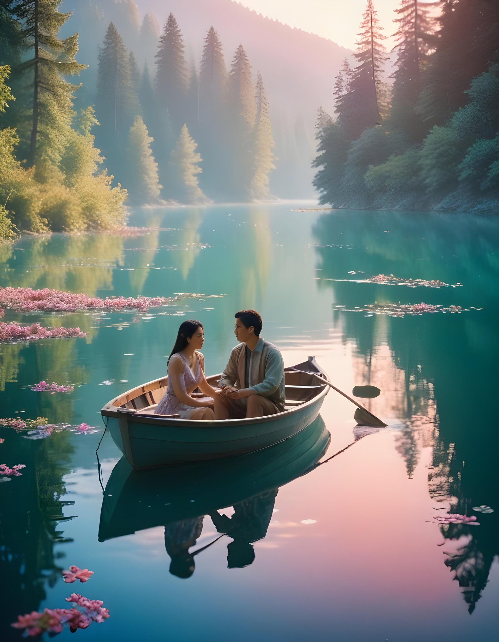 Romantic Couple Walking Together in Nature at Sunset and Moonlight Background