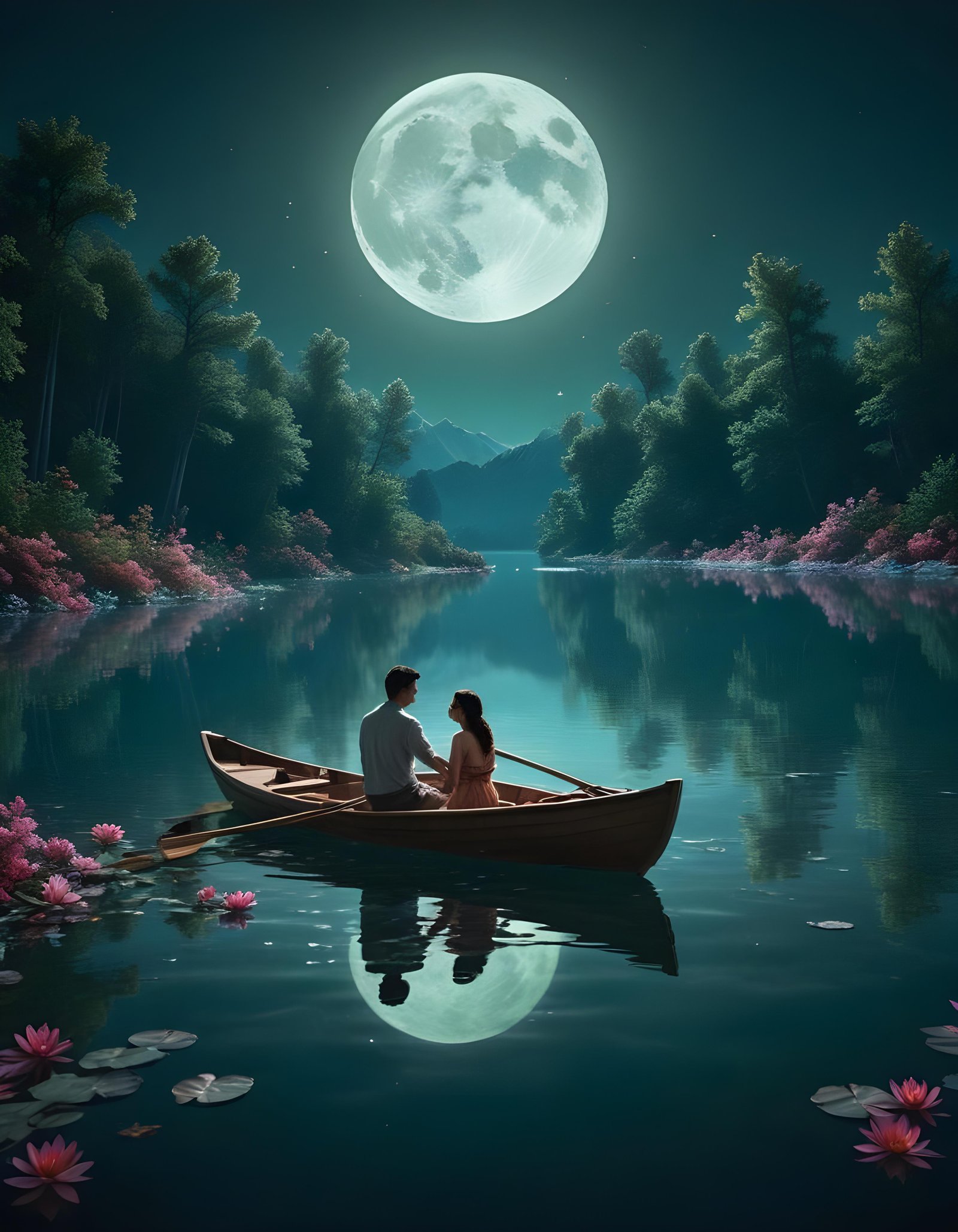 Romantic Couple Walking Together in Nature at Sunset and Moonlight Background