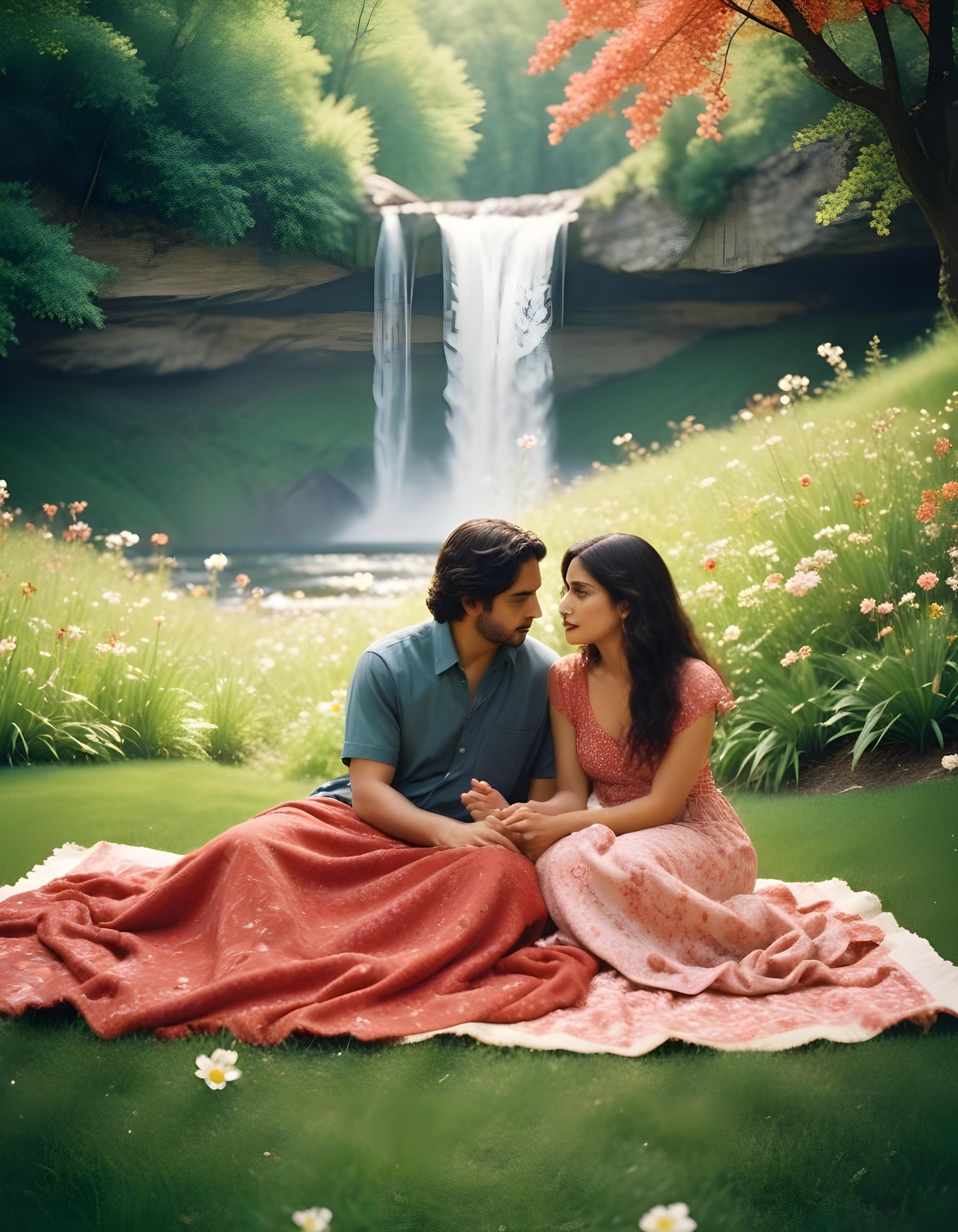 Romantic Couple Walking Together in Nature at Sunset and Moonlight Background