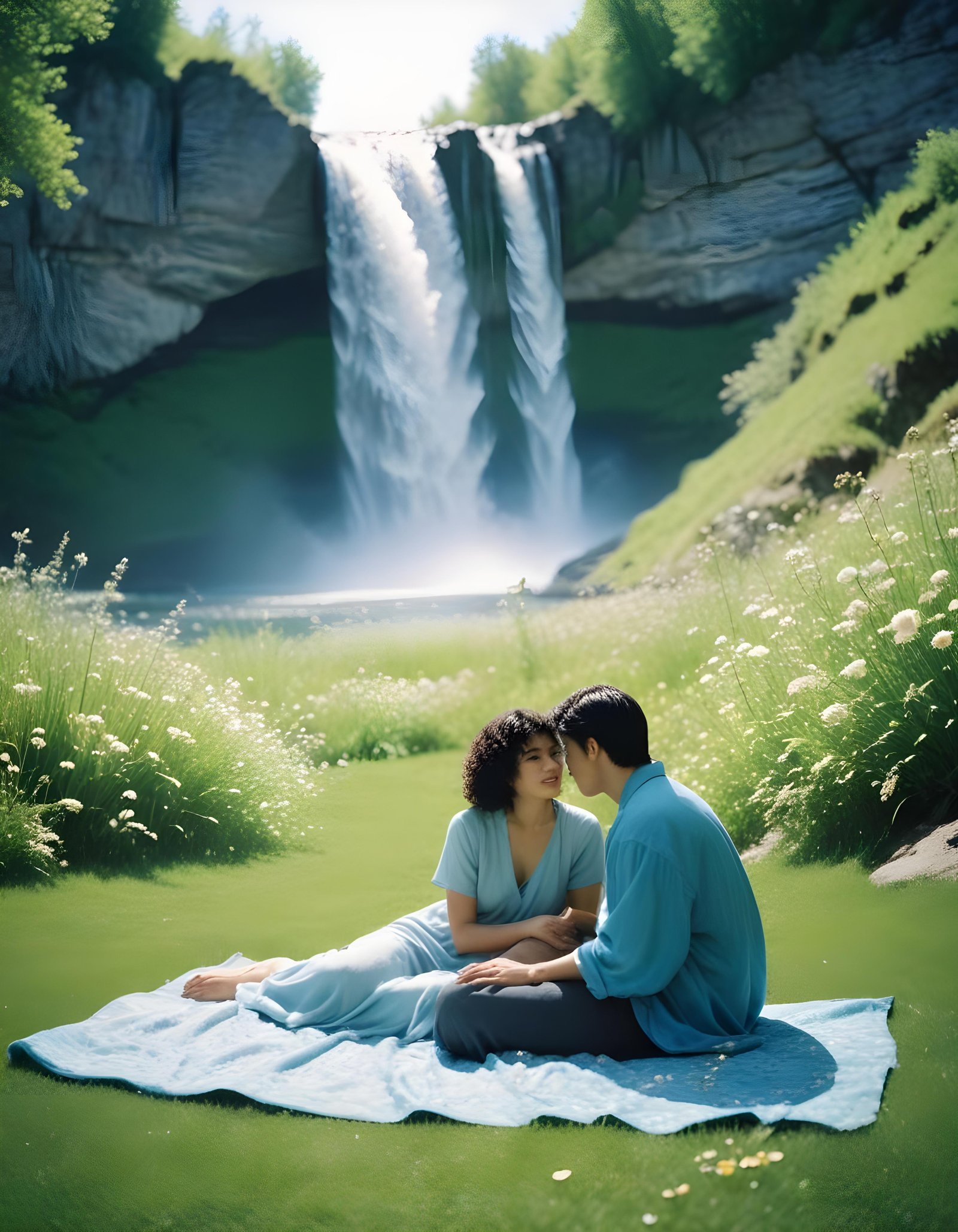 Romantic Couple Walking Together in Nature at Sunset and Moonlight Background