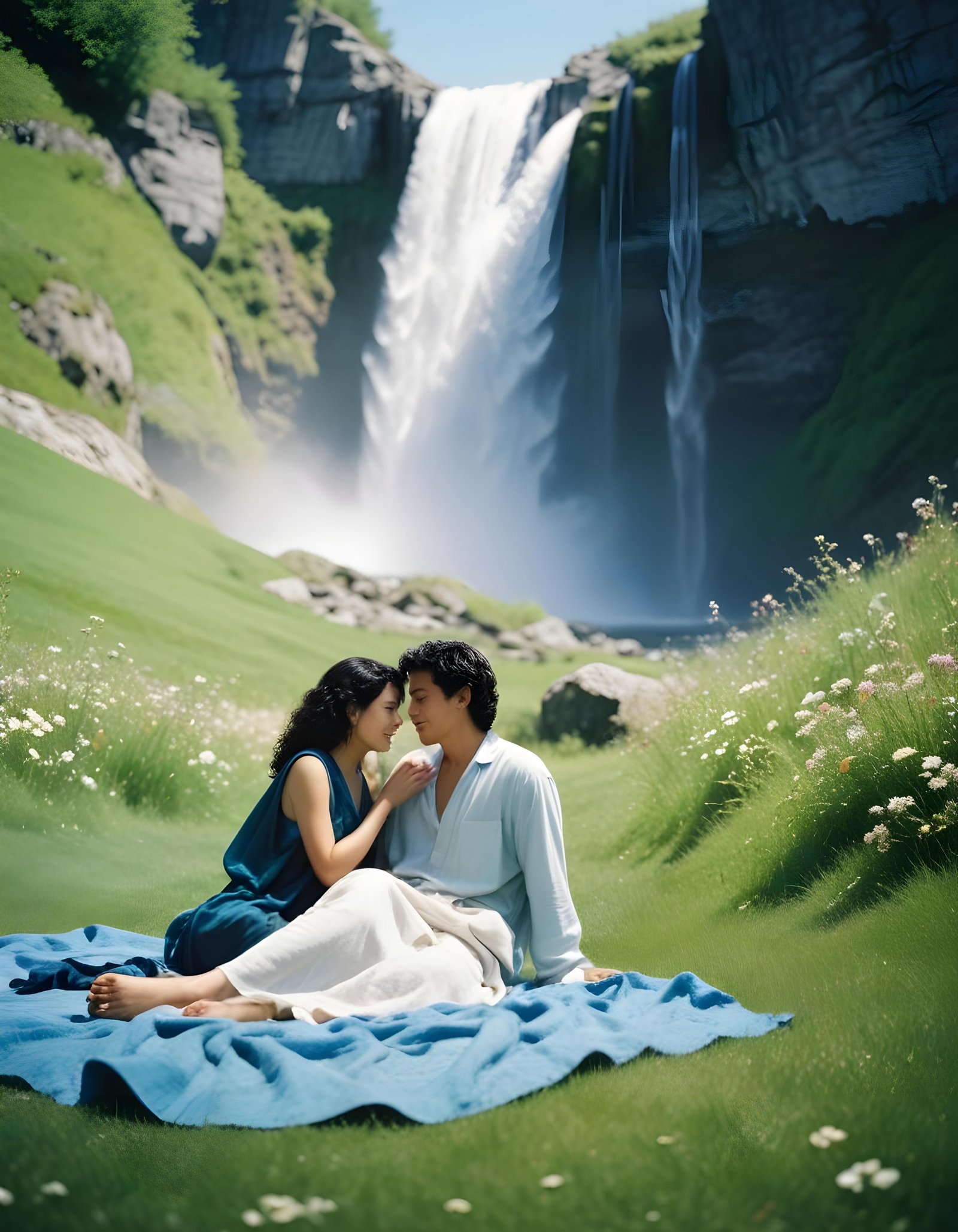 Romantic Couple Walking Together in Nature at Sunset and Moonlight Background