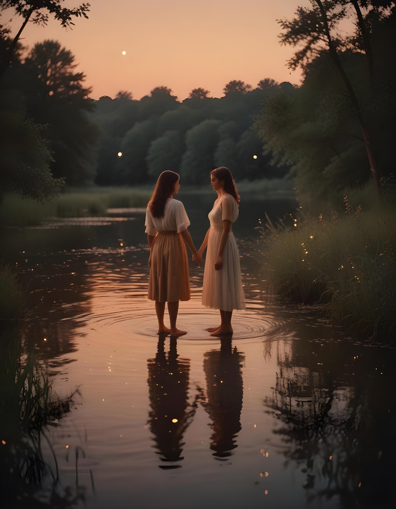 Romantic Couple Walking Together in Nature at Sunset and Moonlight Background