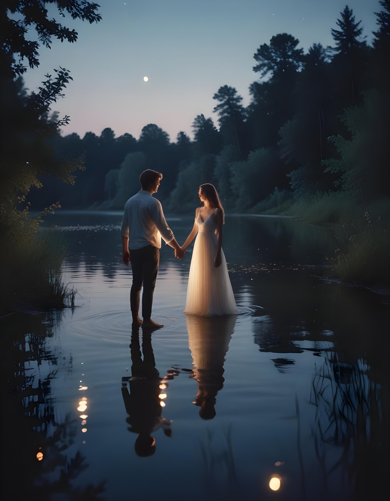 Romantic Couple Walking Together in Nature at Sunset and Moonlight Background