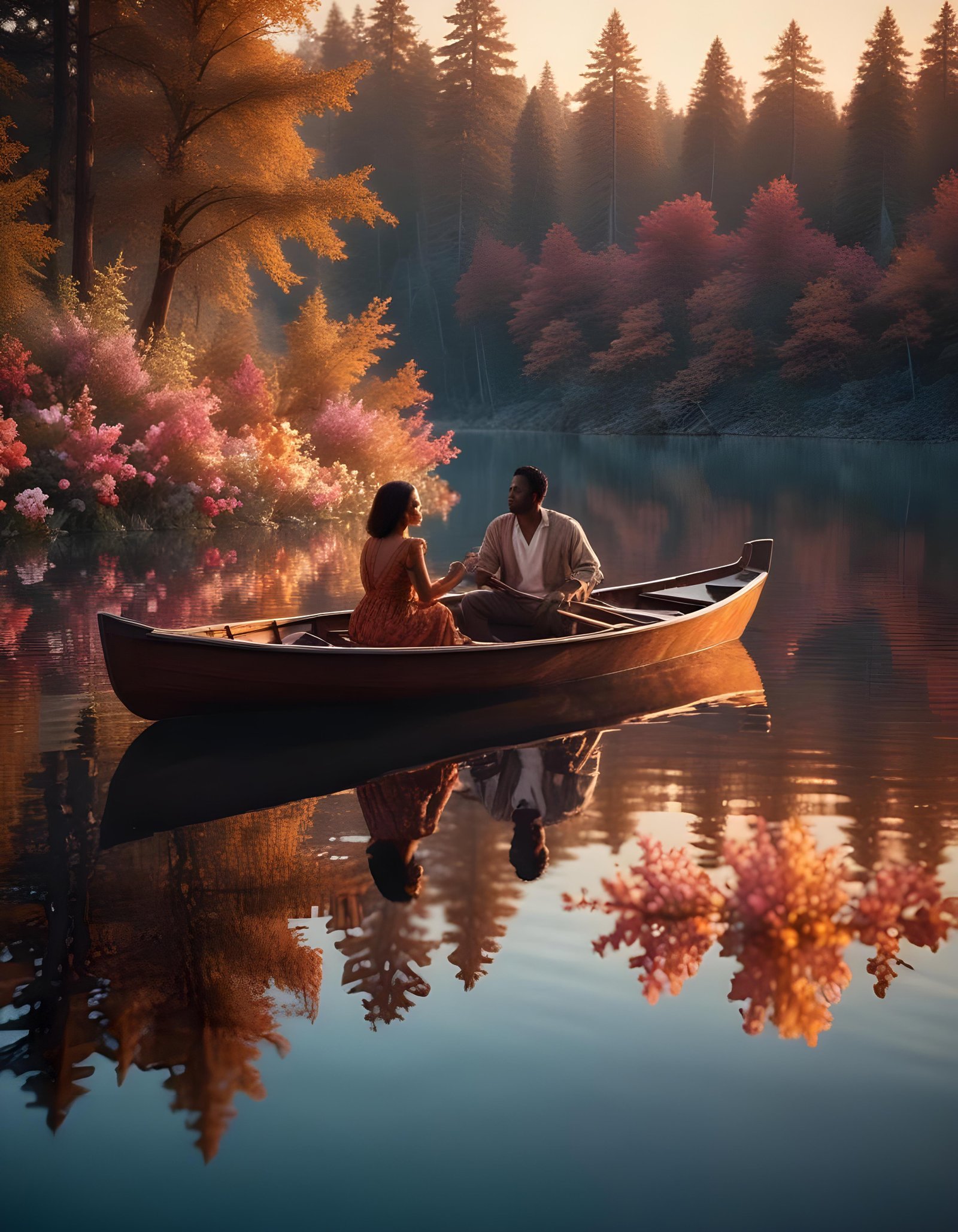 Romantic Couple Walking Together in Nature at Sunset and Moonlight Background