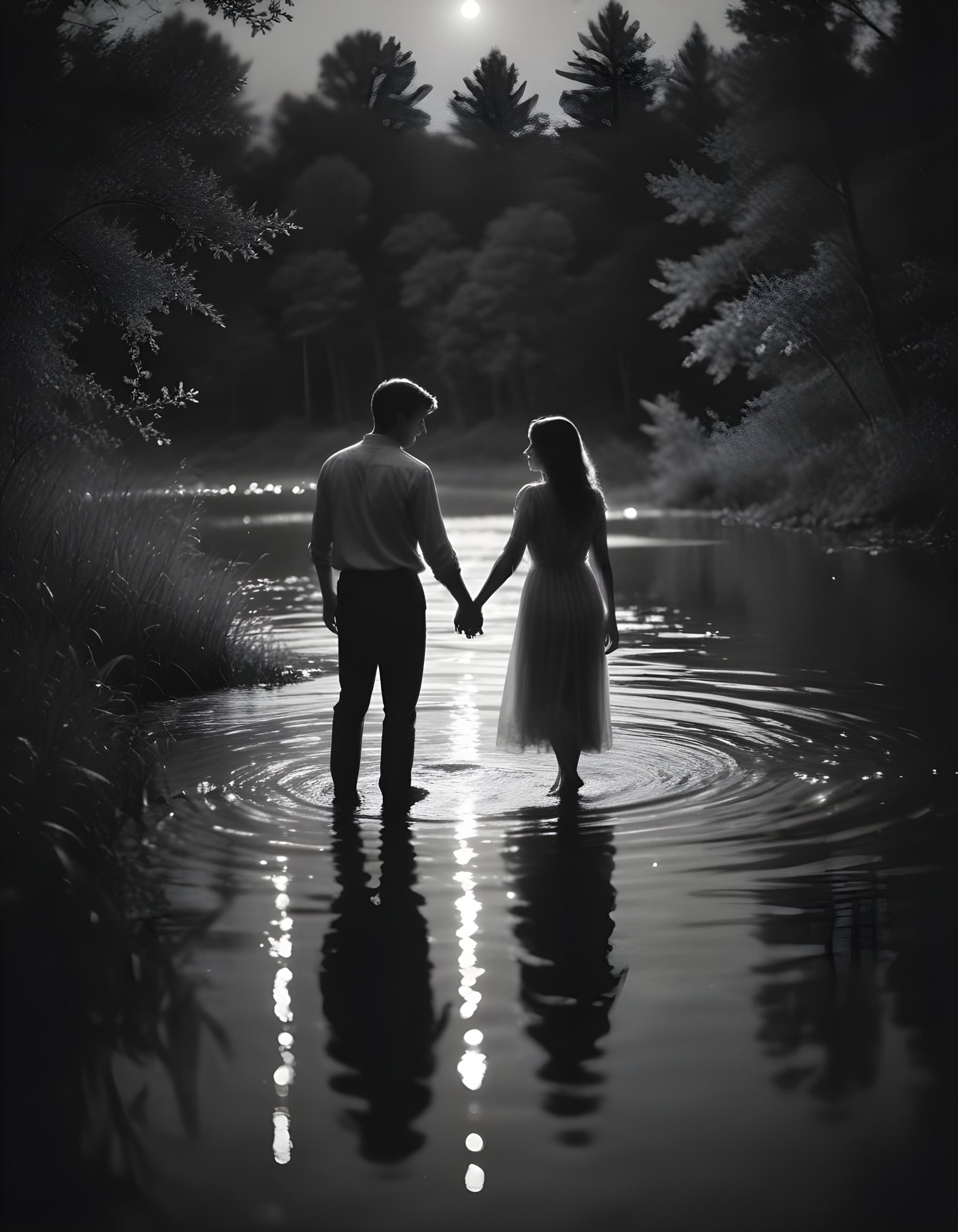Romantic Couple Walking Together in Nature at Sunset and Moonlight Background