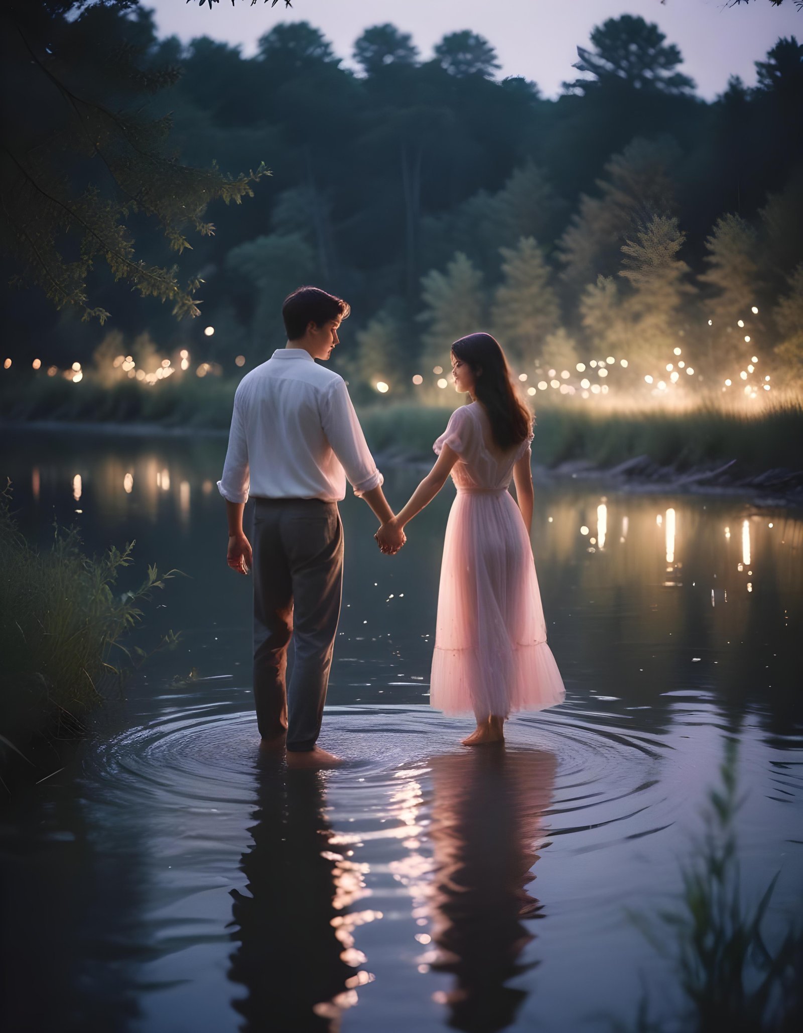 Romantic Couple Walking Together in Nature at Sunset and Moonlight Background