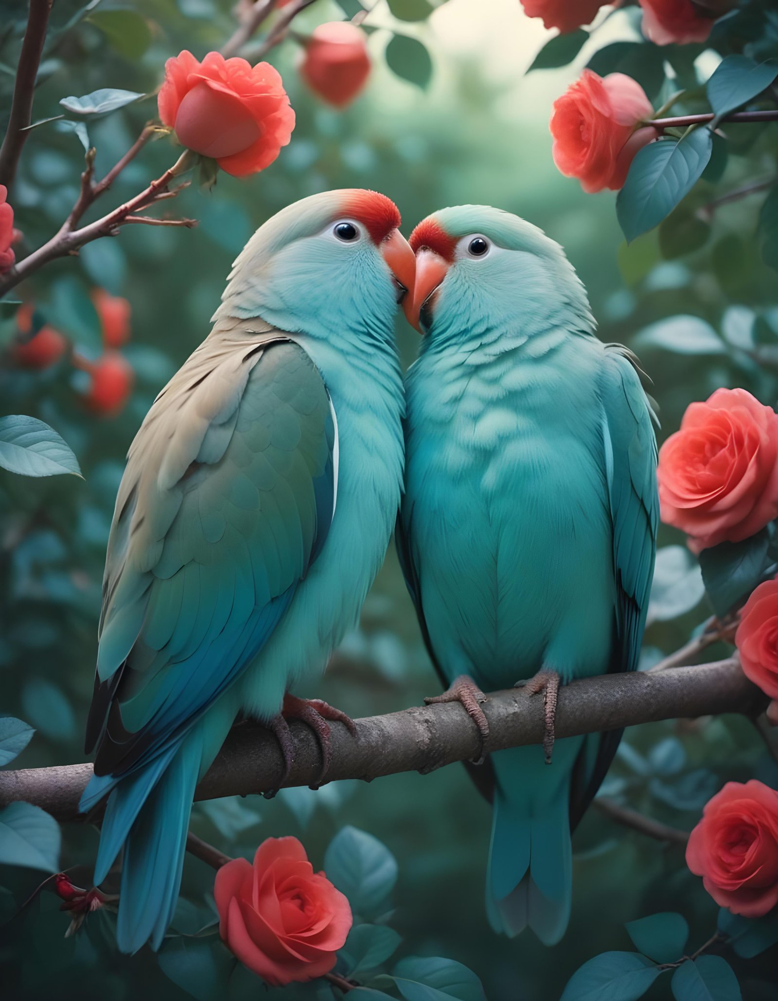 Romantic Love Birds Illustration with Floral Heart Frame and Valentine Theme