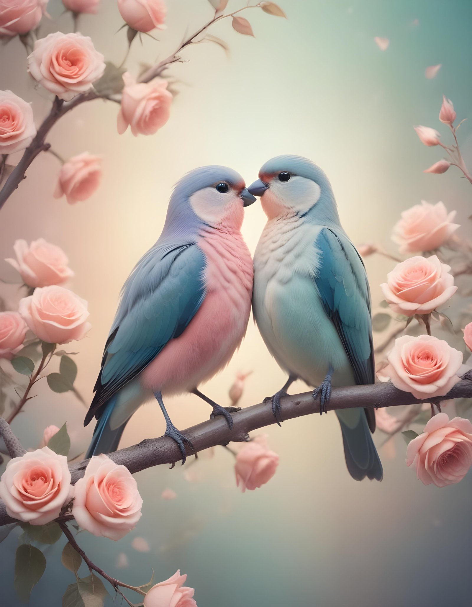 Romantic Love Birds Illustration with Floral Heart Frame and Valentine Theme
