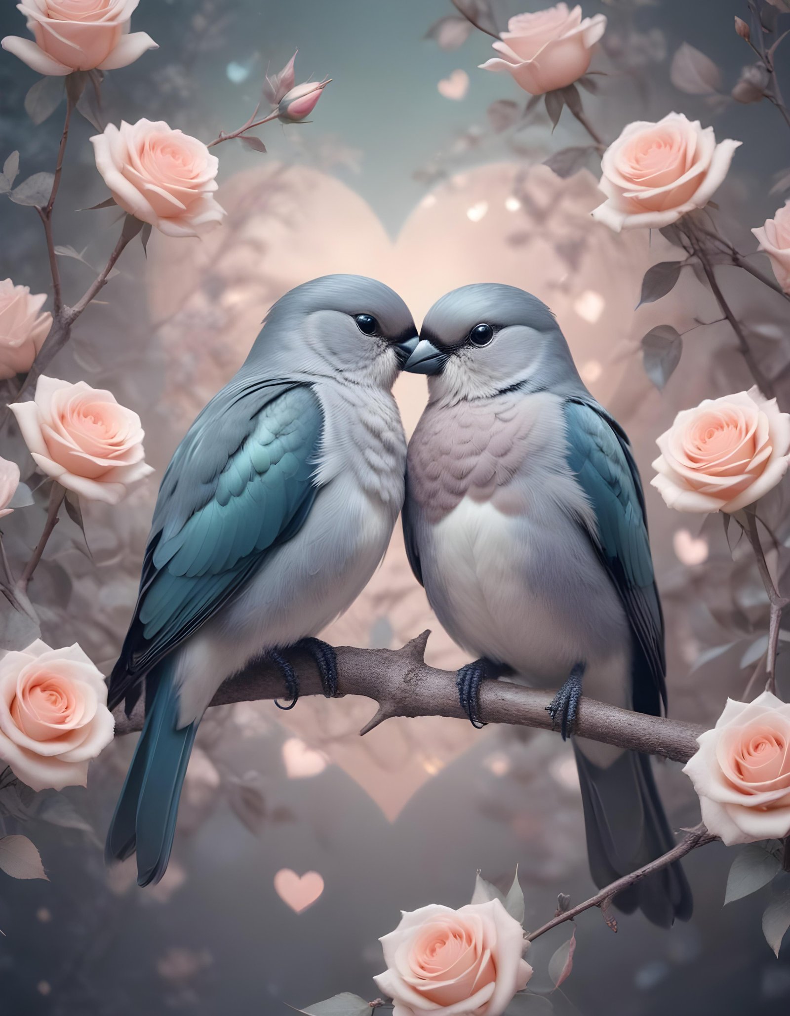Romantic Love Birds Illustration with Floral Heart Frame and Valentine Theme