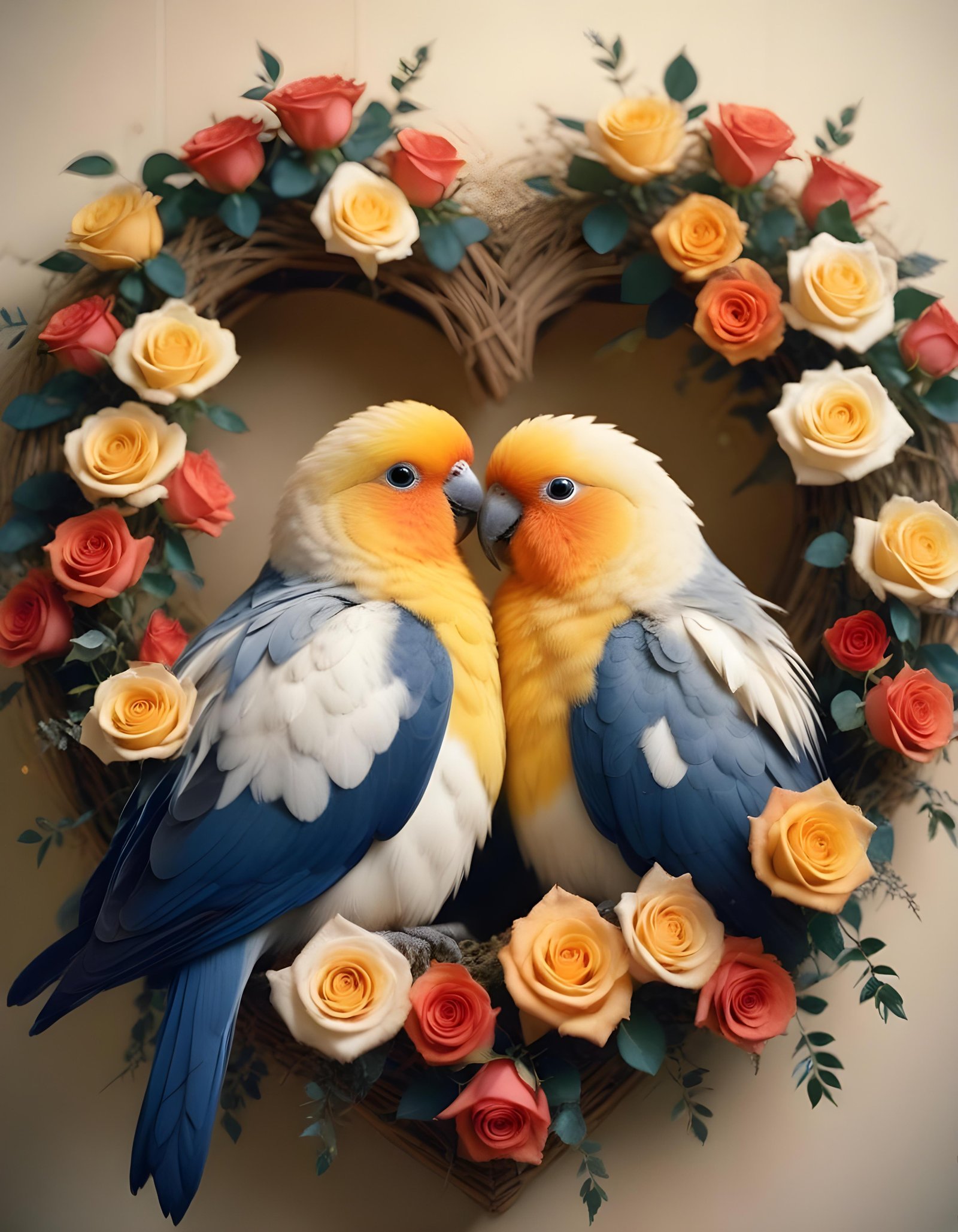 Romantic Love Birds Illustration with Floral Heart Frame and Valentine Theme