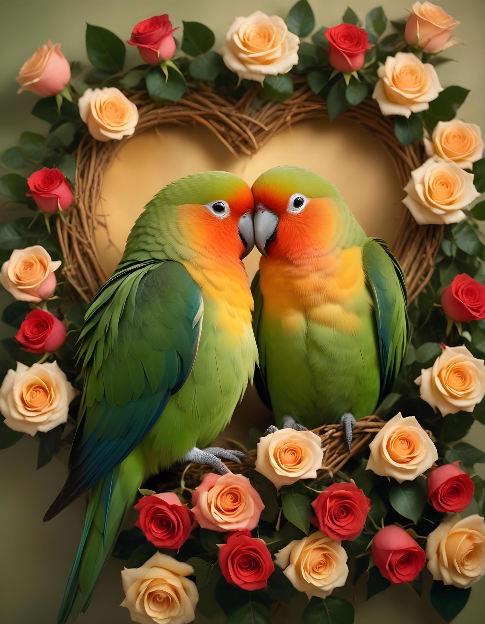 Romantic Love Birds Illustration with Floral Heart Frame and Valentine Theme