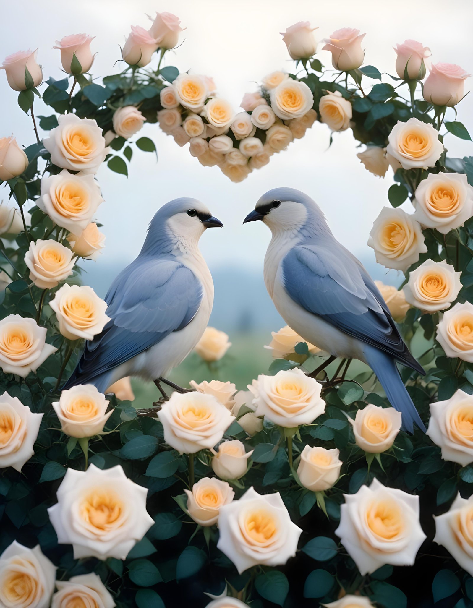 Romantic Love Birds Illustration with Floral Heart Frame and Valentine Theme