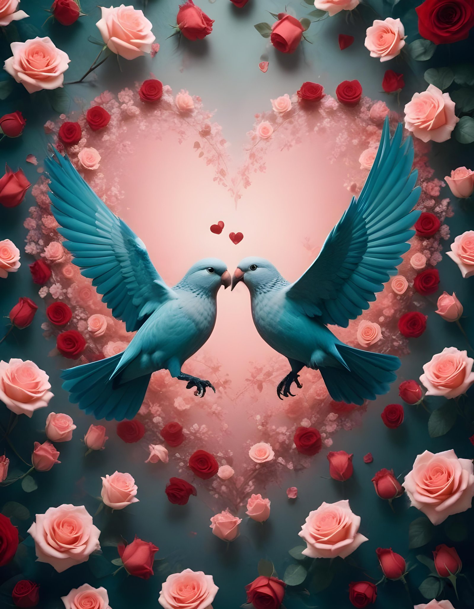 Romantic Love Birds Illustration with Floral Heart Frame and Valentine Theme