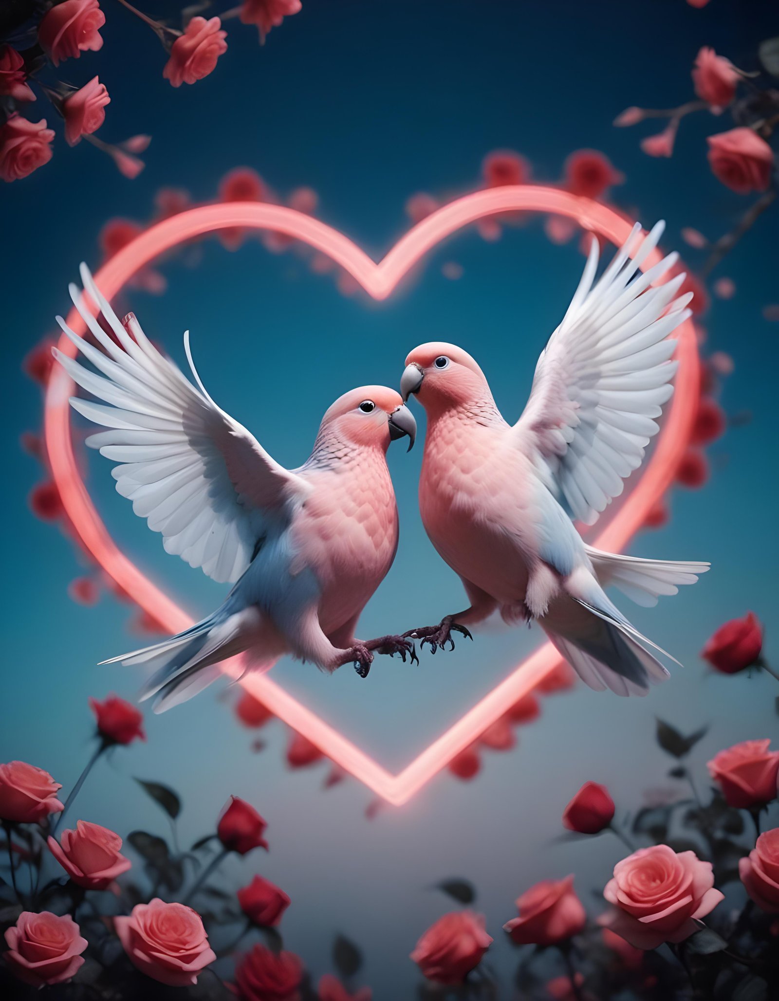 Romantic Love Birds Illustration with Floral Heart Frame and Valentine Theme