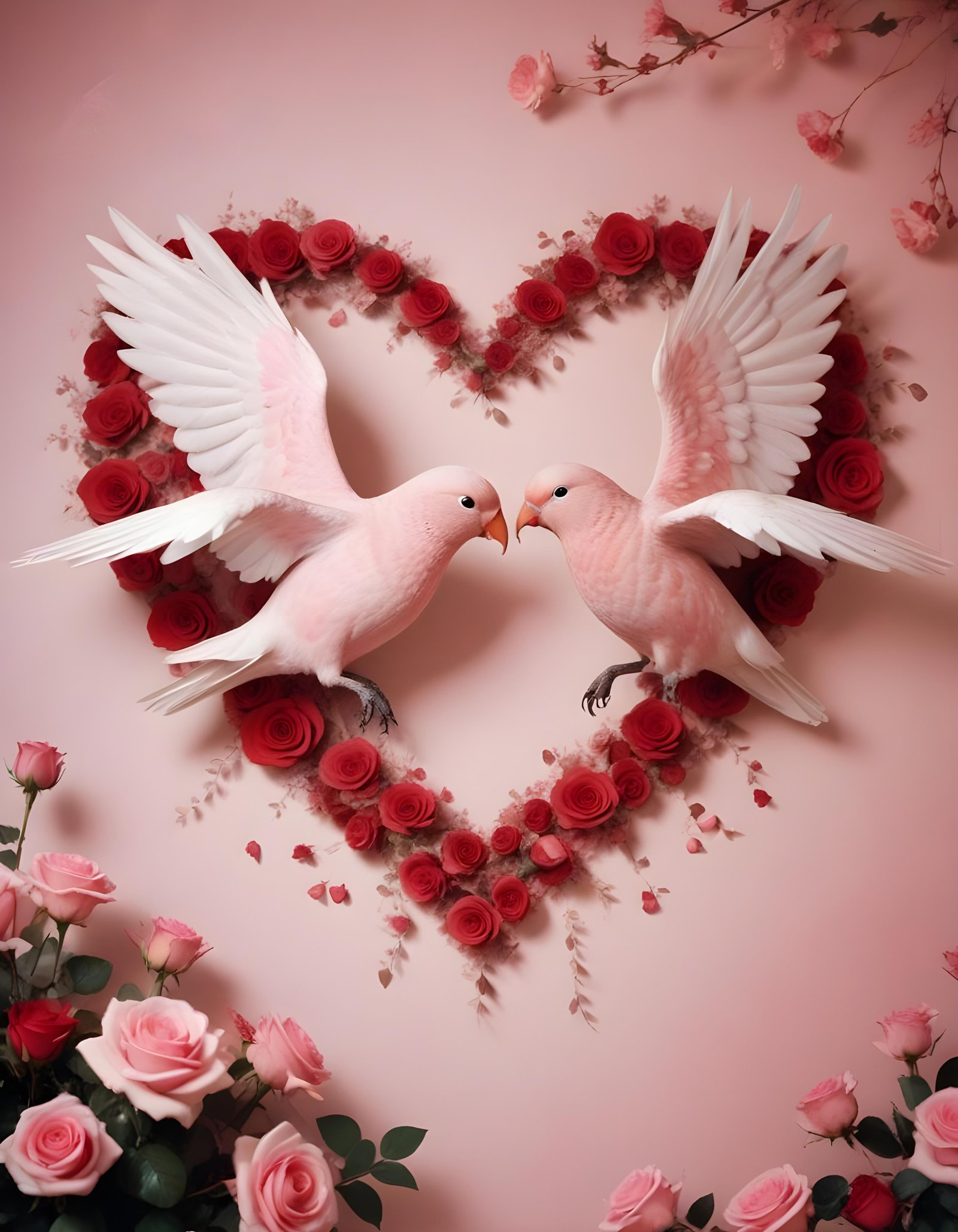 Romantic Love Birds Illustration with Floral Heart Frame and Valentine Theme