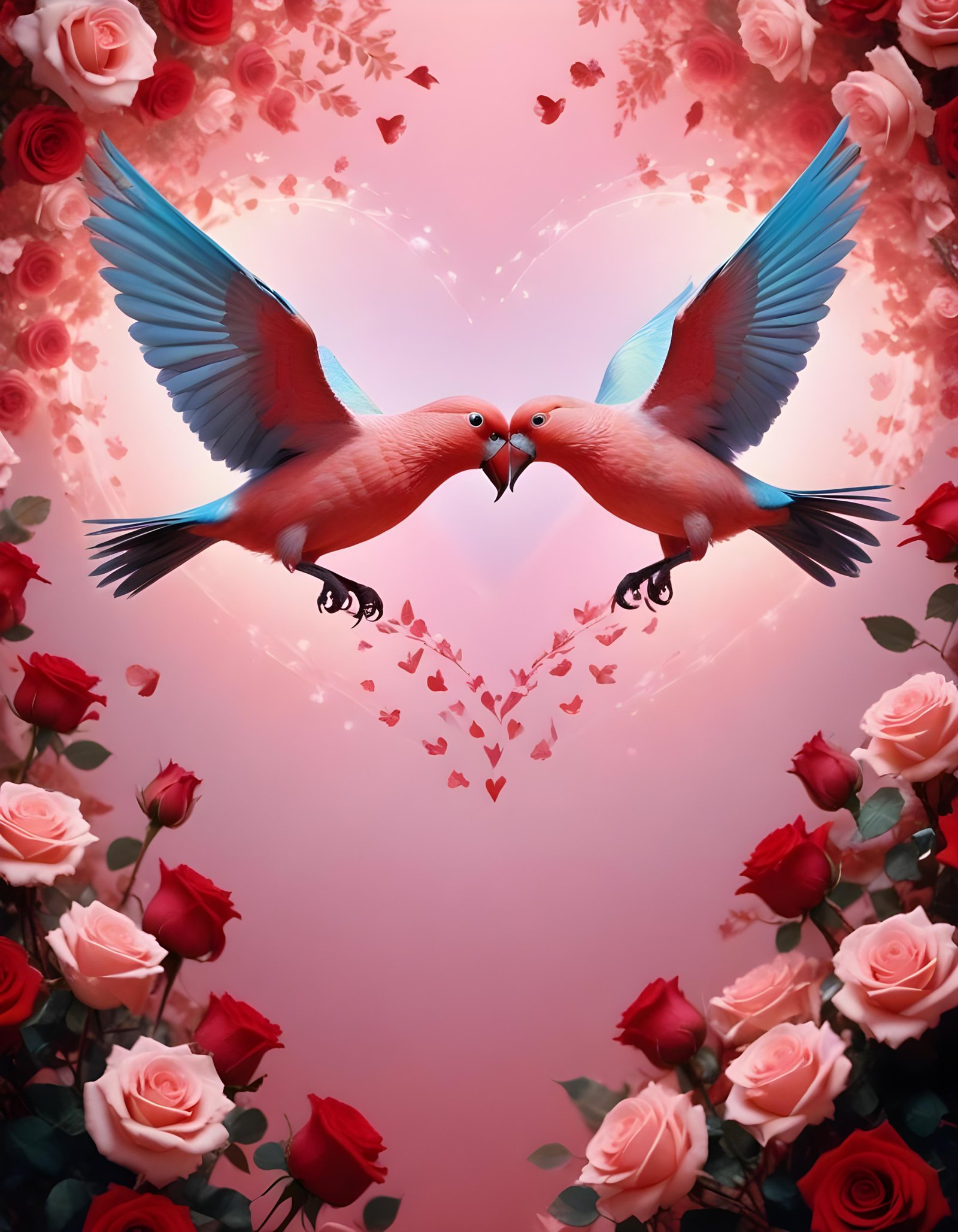 Romantic Love Birds Illustration with Floral Heart Frame and Valentine Theme