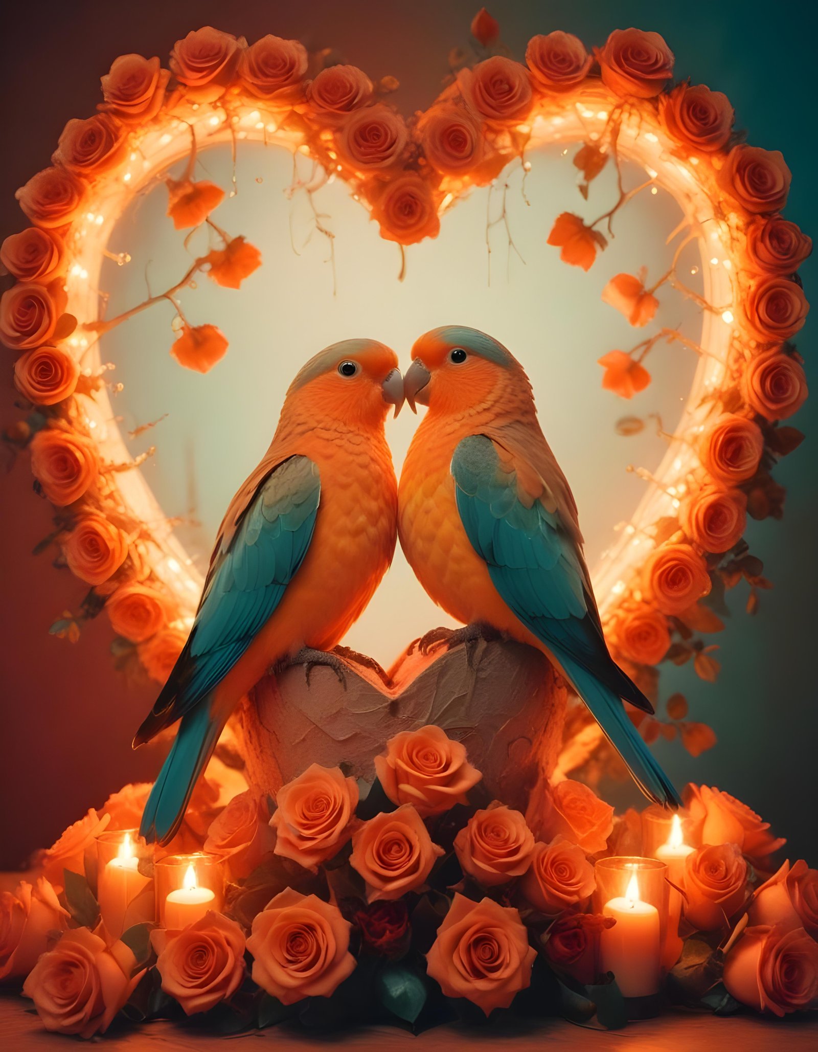 Romantic Love Birds Illustration with Floral Heart Frame and Valentine Theme