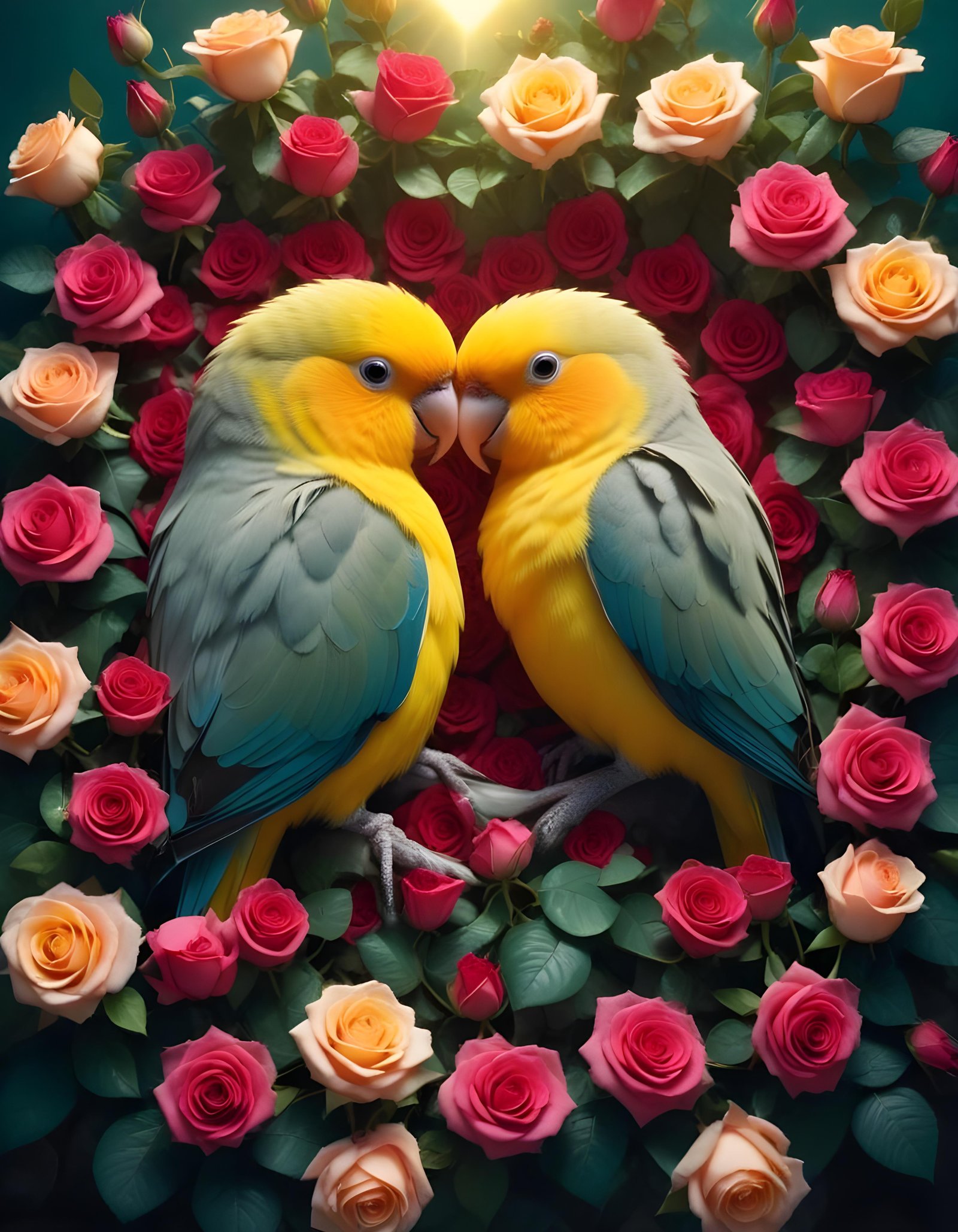 Romantic Love Birds Illustration with Floral Heart Frame and Valentine Theme