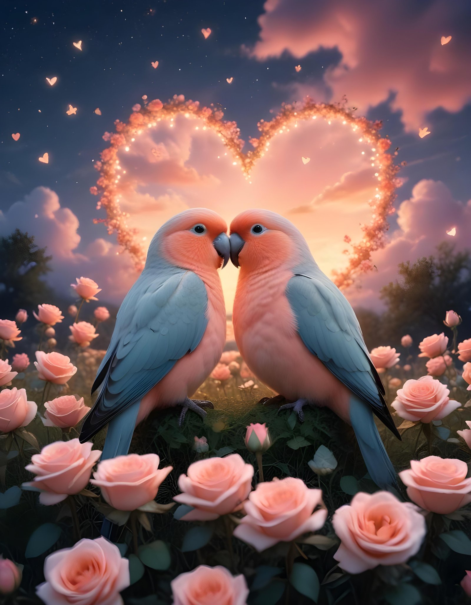 Romantic Love Birds Illustration with Floral Heart Frame and Valentine Theme