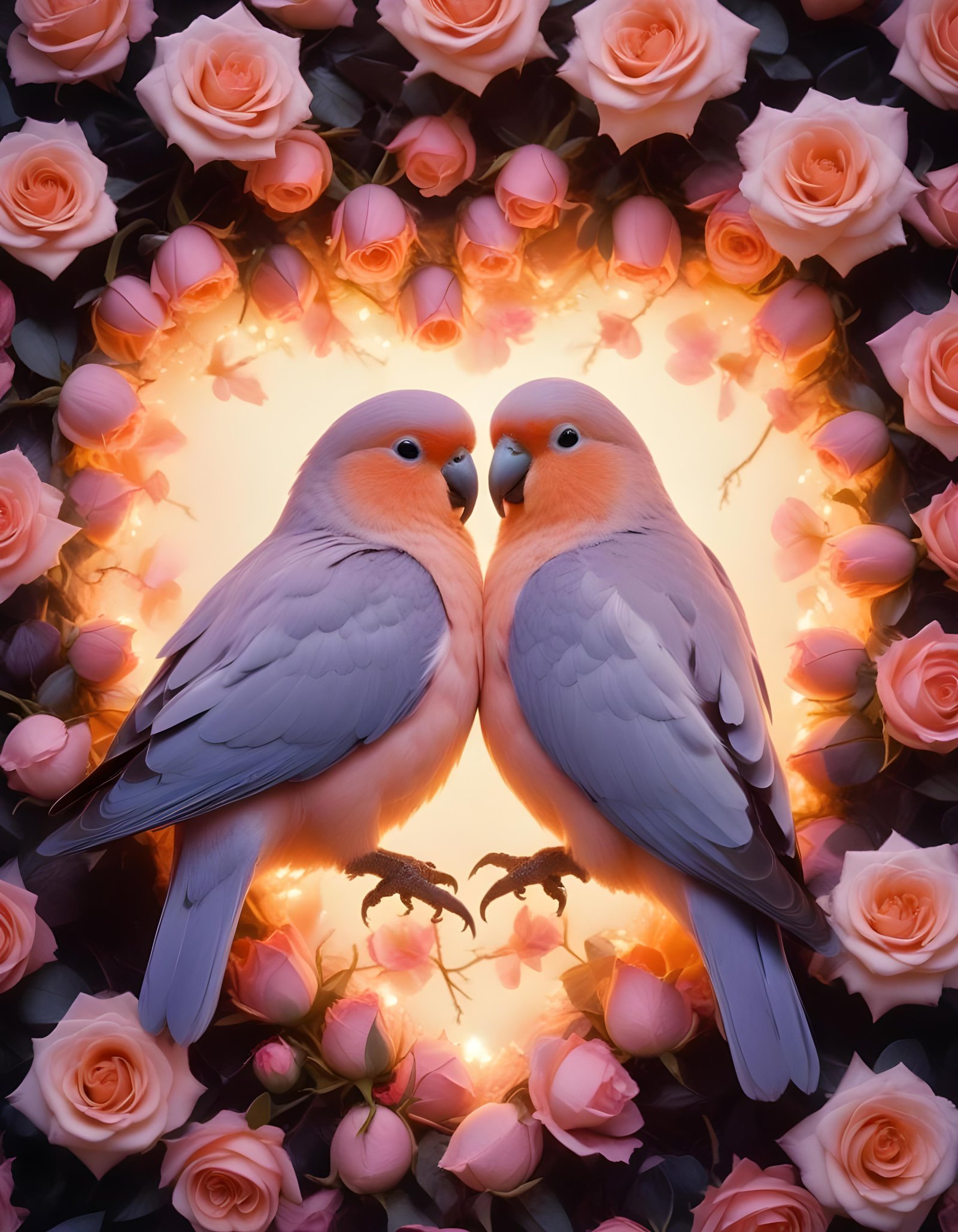 Romantic Love Birds Illustration with Floral Heart Frame and Valentine Theme