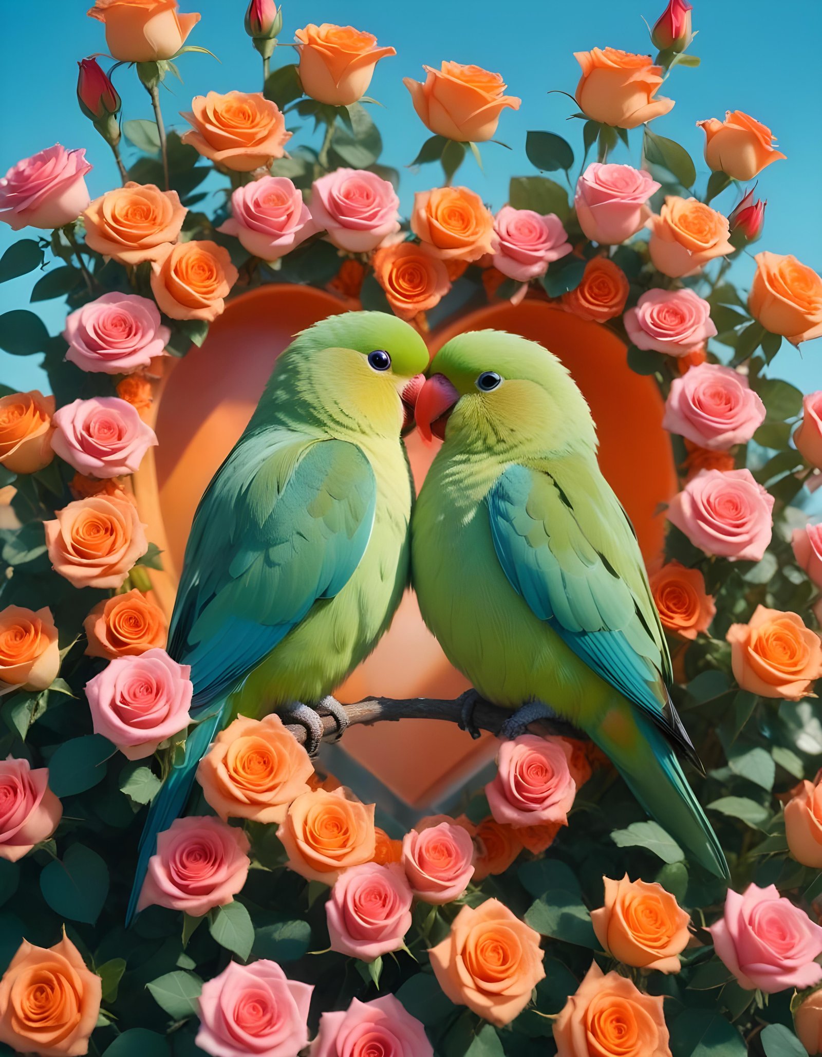 Romantic Love Birds Illustration with Floral Heart Frame and Valentine Theme