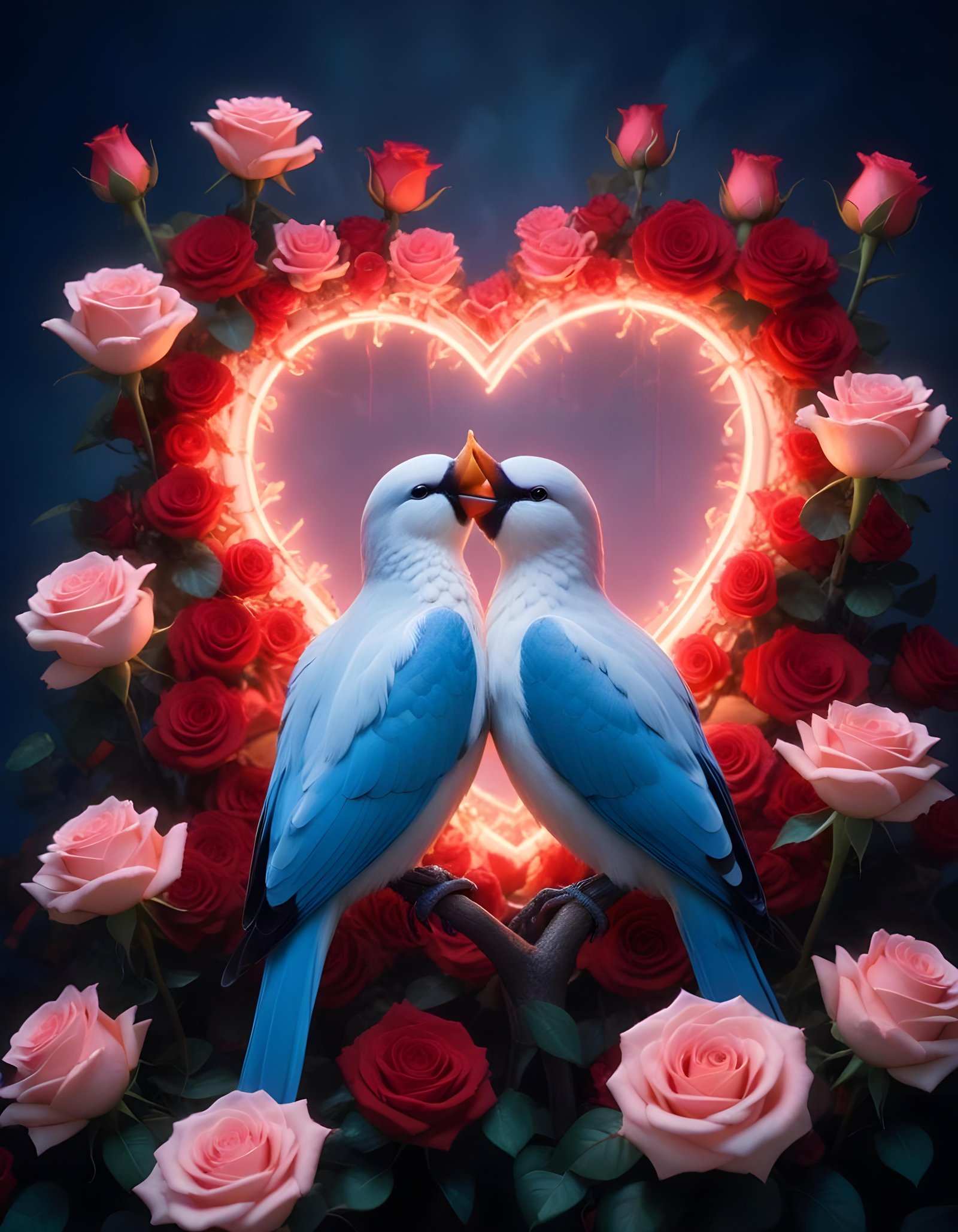 Romantic Love Birds Illustration with Floral Heart Frame and Valentine Theme