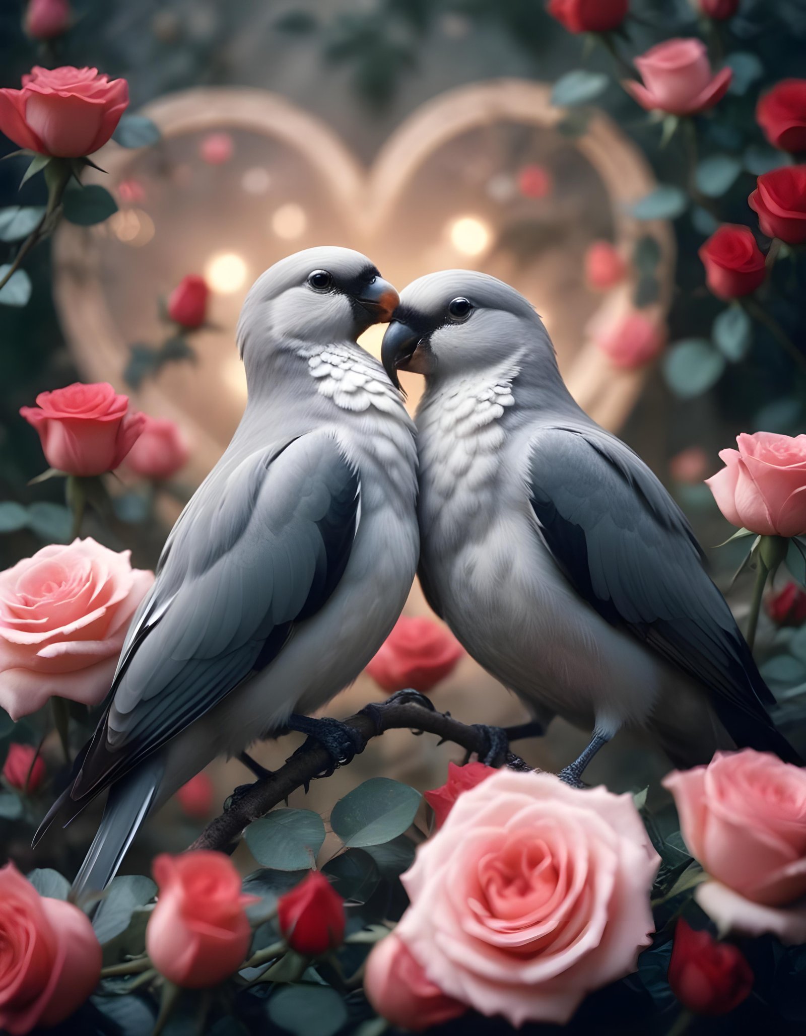 Romantic Love Birds Illustration with Floral Heart Frame and Valentine Theme