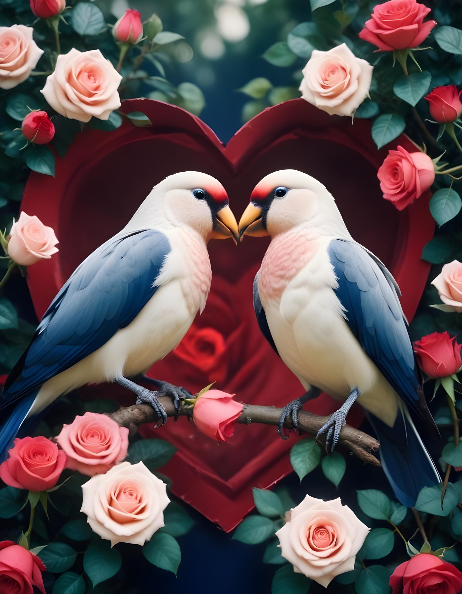 Romantic Love Birds Illustration with Floral Heart Frame and Valentine Theme