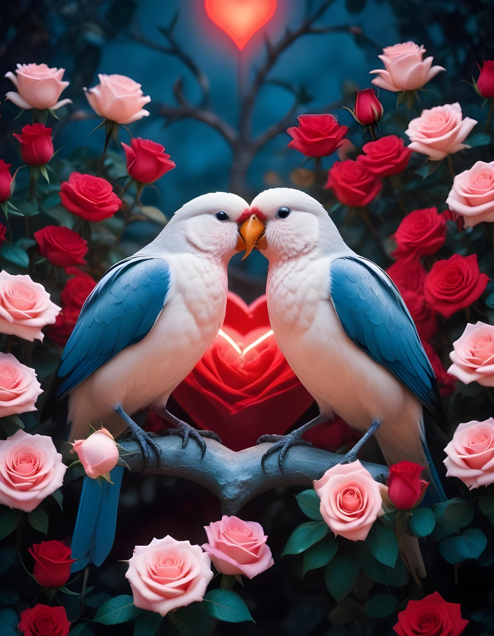 Romantic Love Birds Illustration with Floral Heart Frame and Valentine Theme
