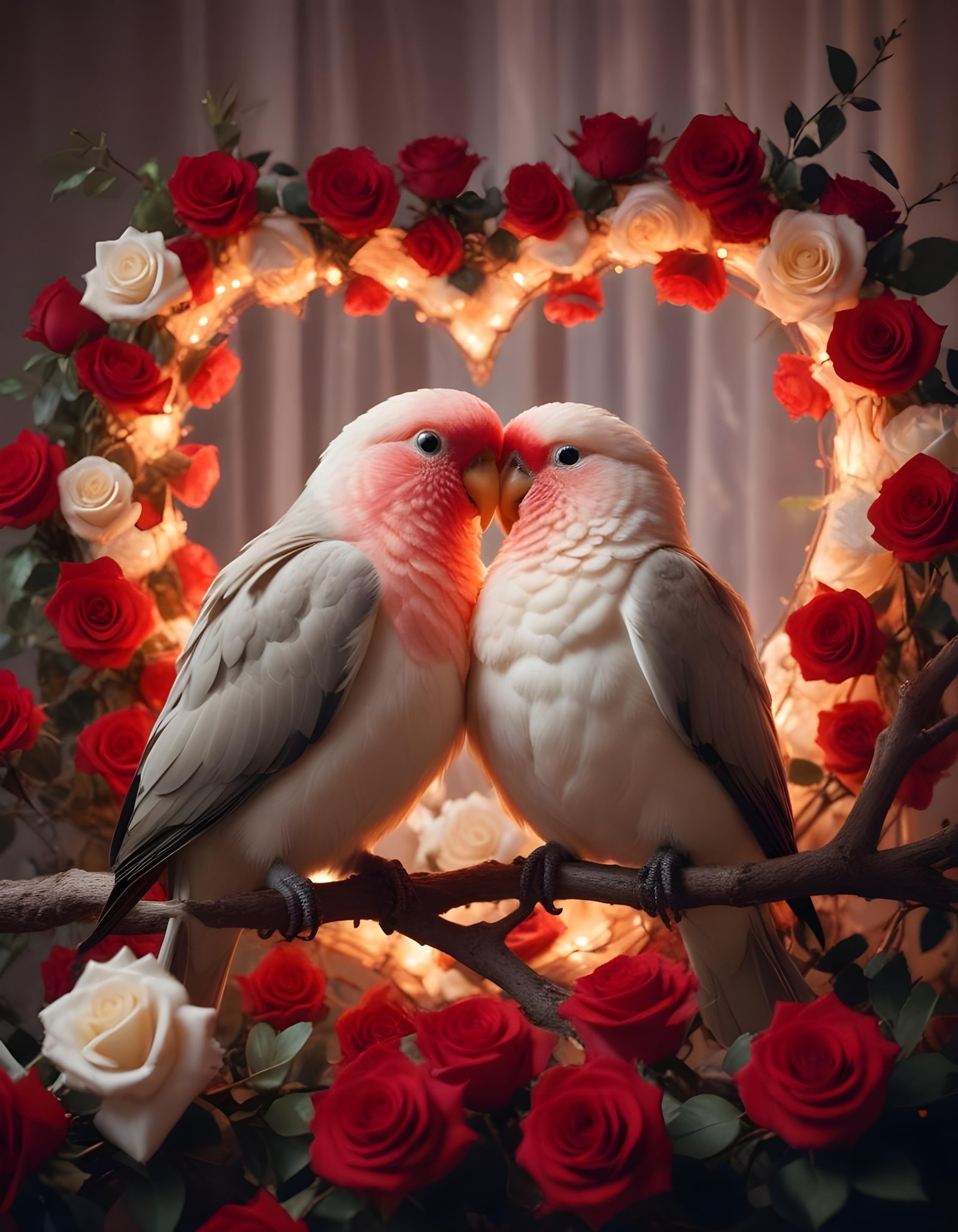 Romantic Love Birds Illustration with Floral Heart Frame and Valentine Theme
