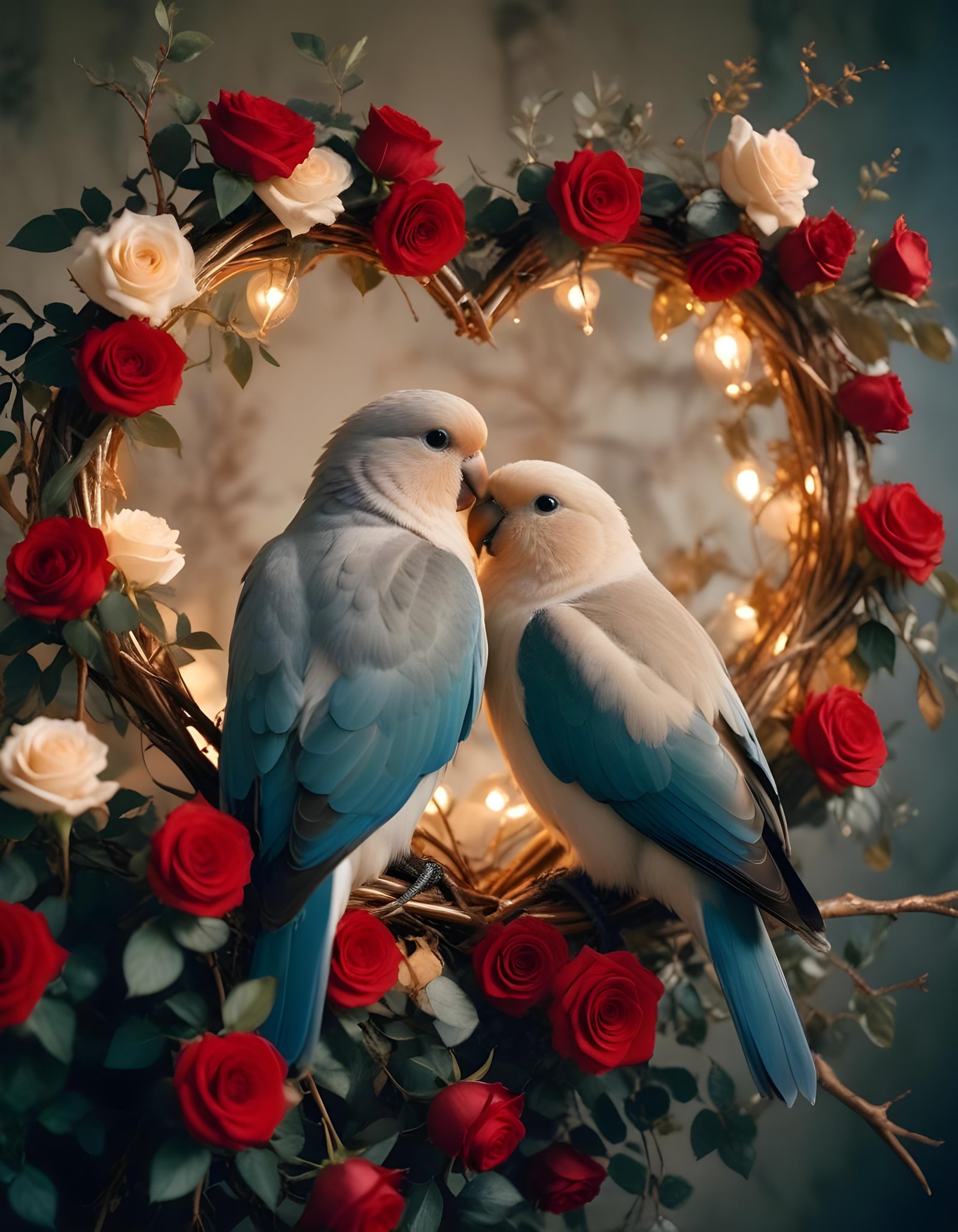 Romantic Love Birds Illustration with Floral Heart Frame and Valentine Theme
