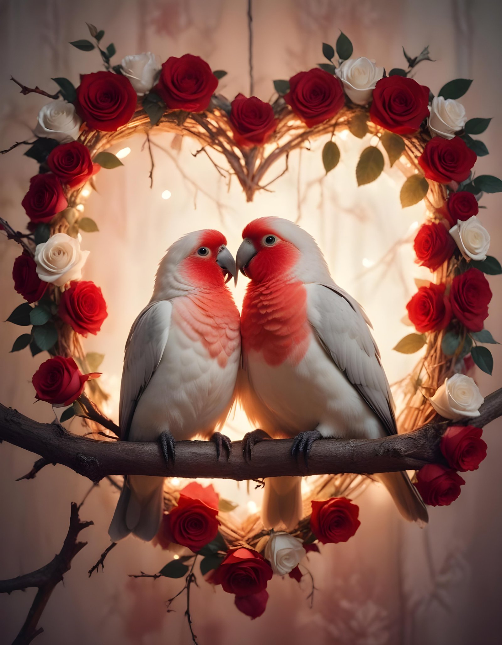 Romantic Love Birds Illustration with Floral Heart Frame and Valentine Theme
