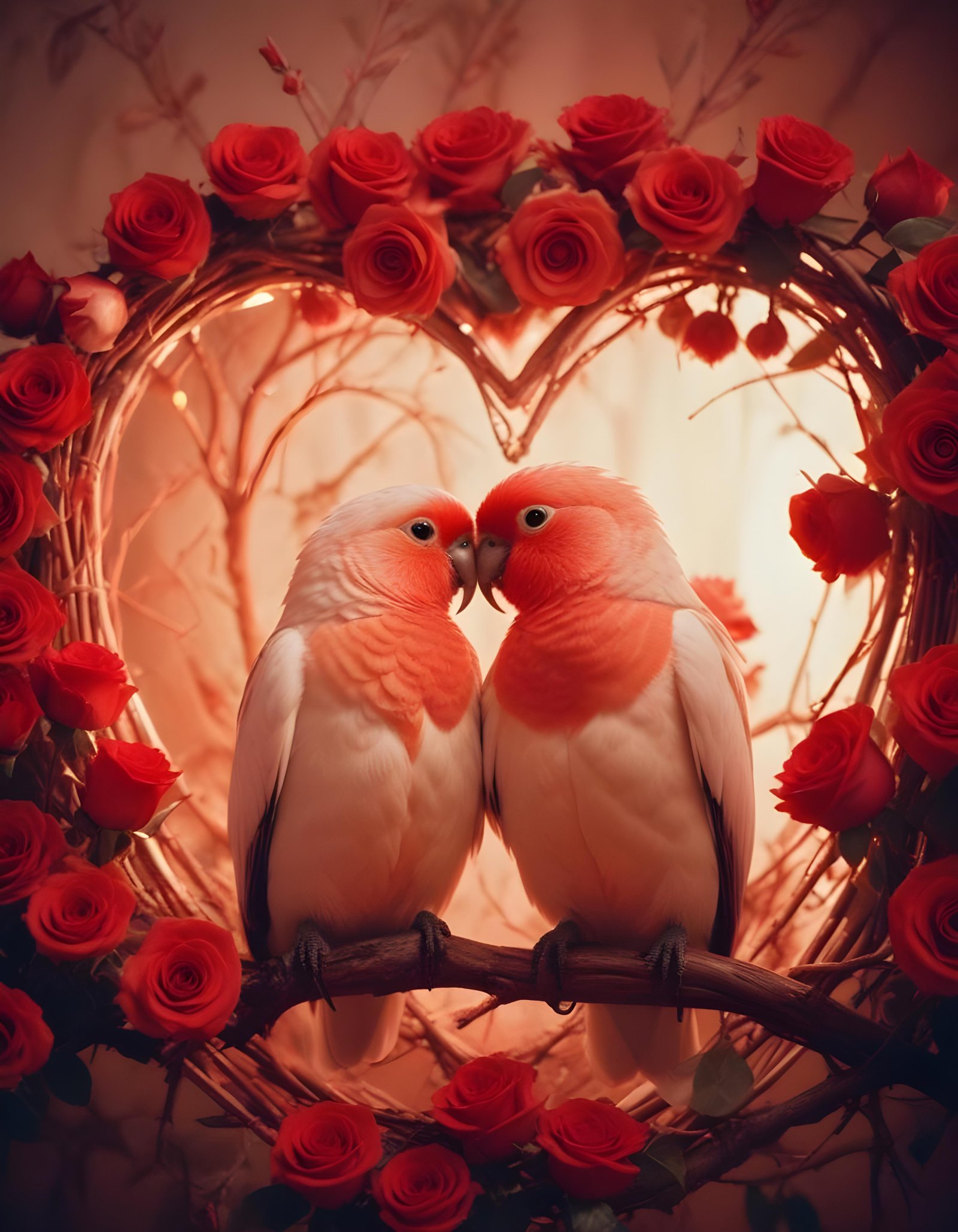 Romantic Love Birds Illustration with Floral Heart Frame and Valentine Theme