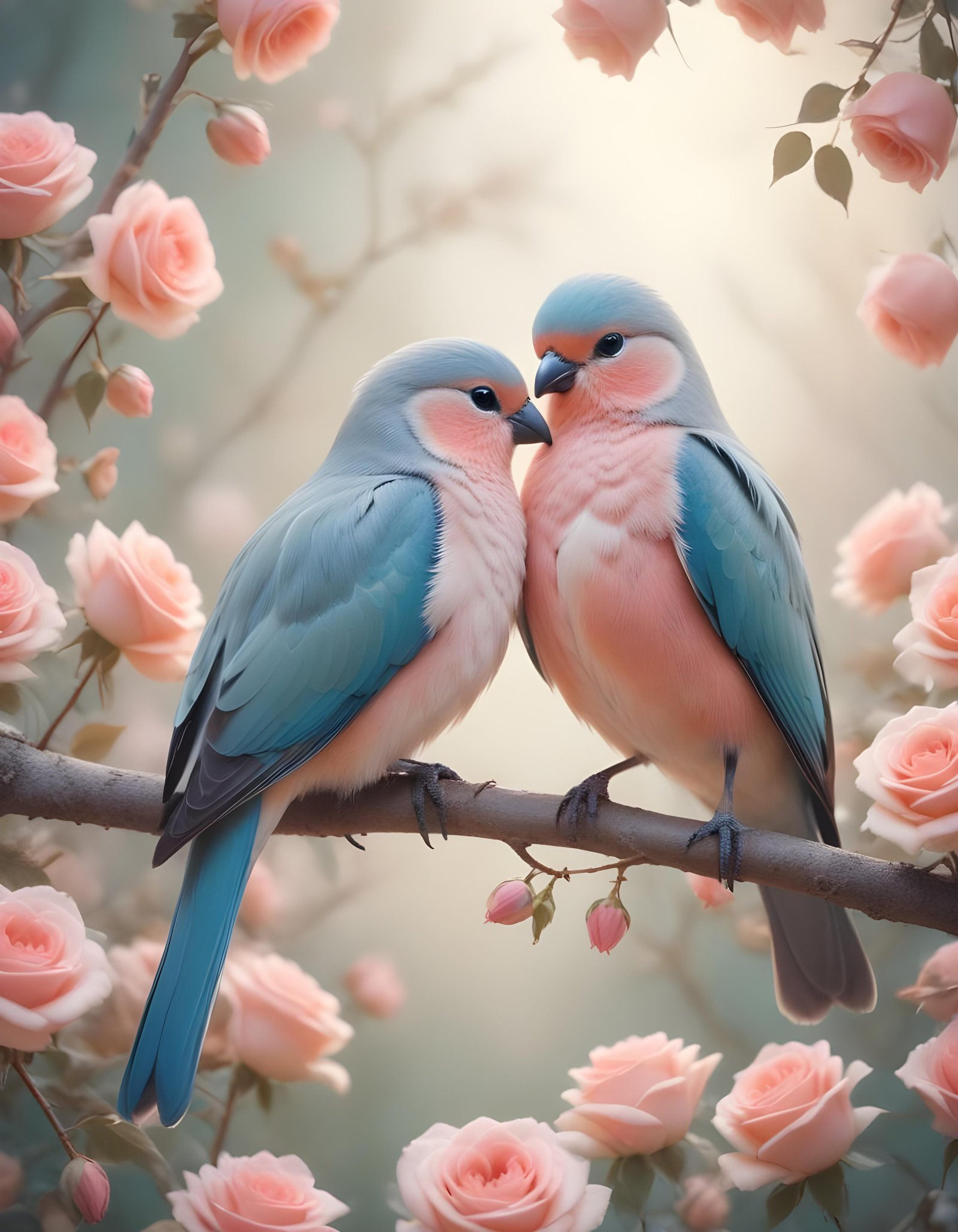 Romantic Love Birds Illustration with Floral Heart Frame and Valentine Theme