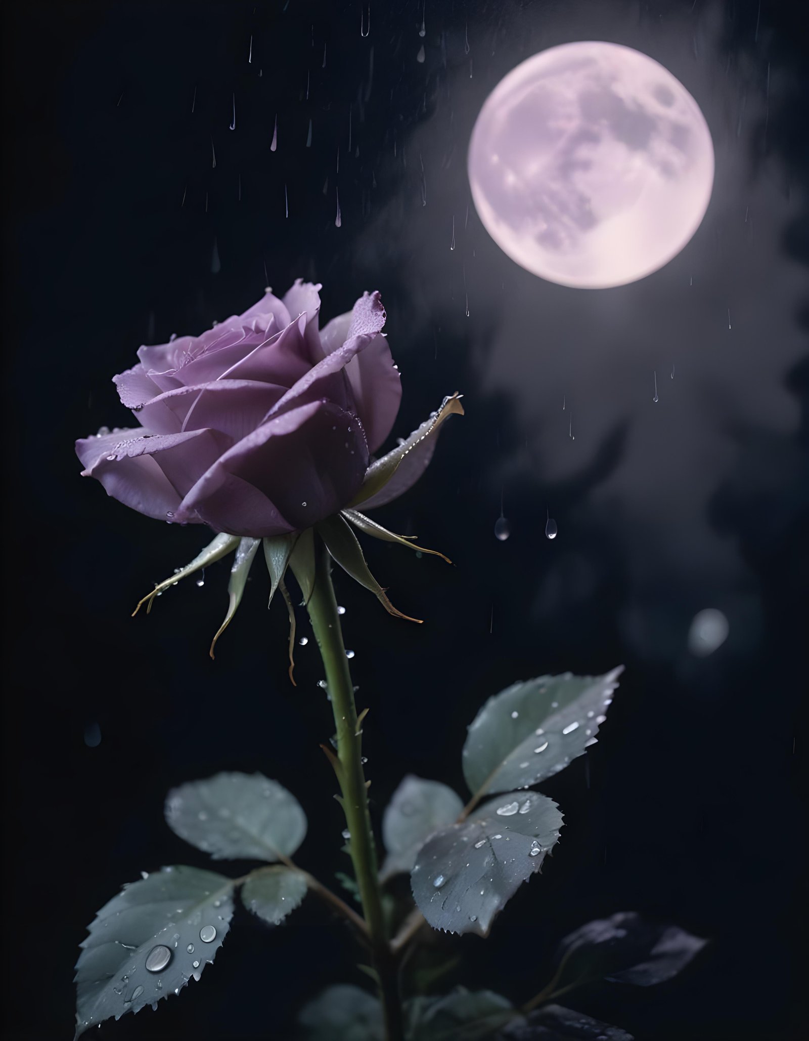 Romantic Rose Flower Under Moonlight with Dreamy Night Garden Background