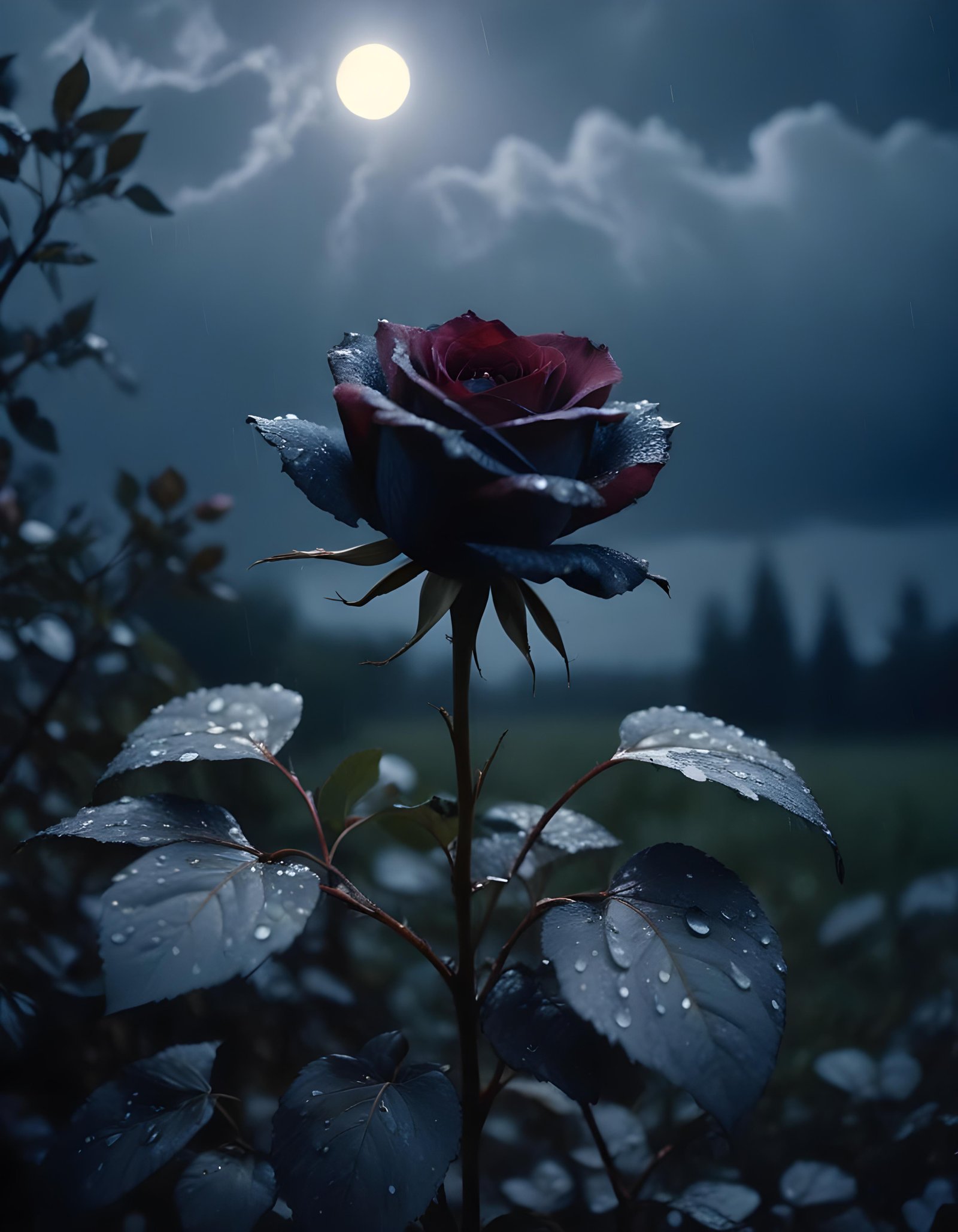 Romantic Rose Flower Under Moonlight with Dreamy Night Garden Background