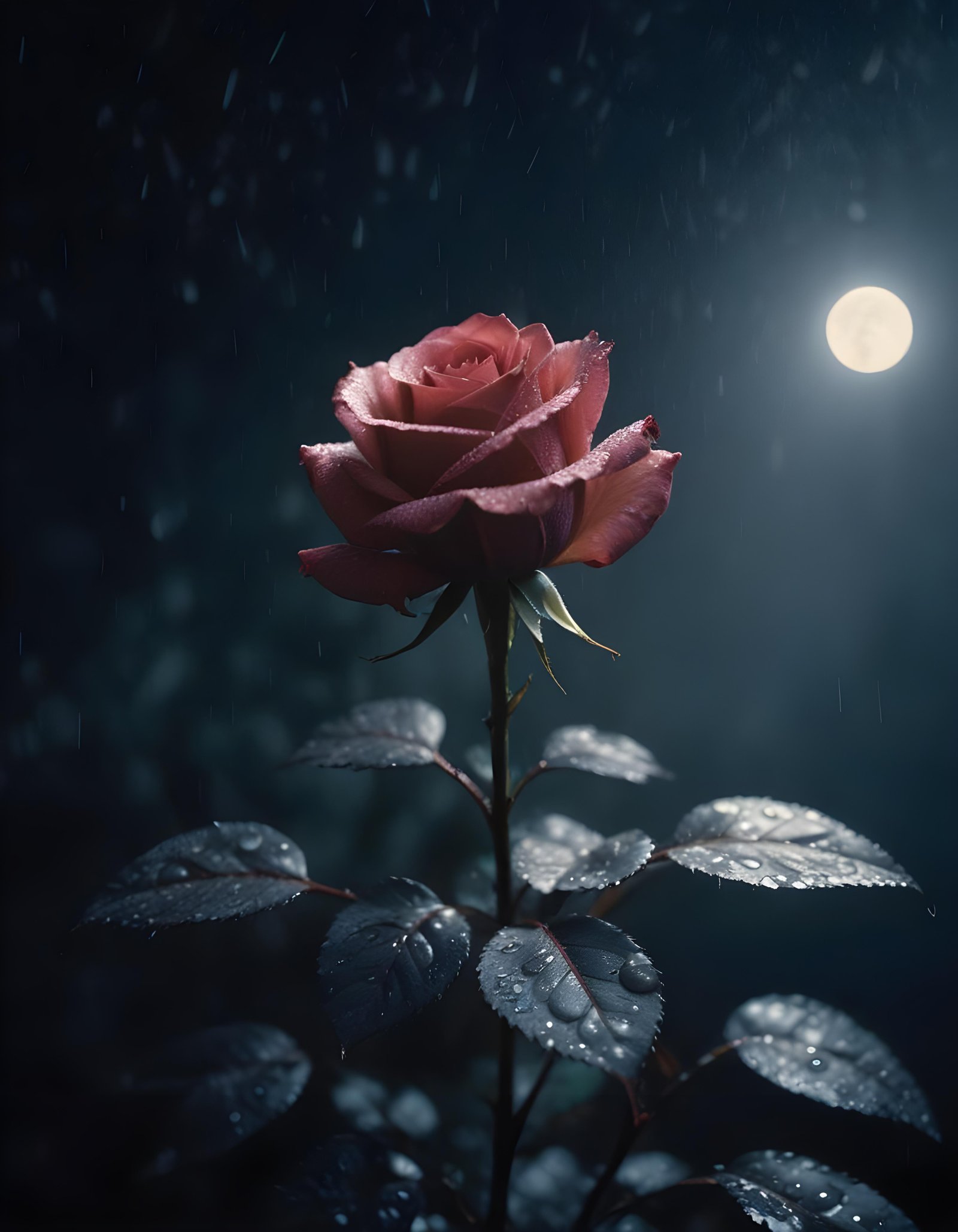 Romantic Rose Flower Under Moonlight with Dreamy Night Garden Background