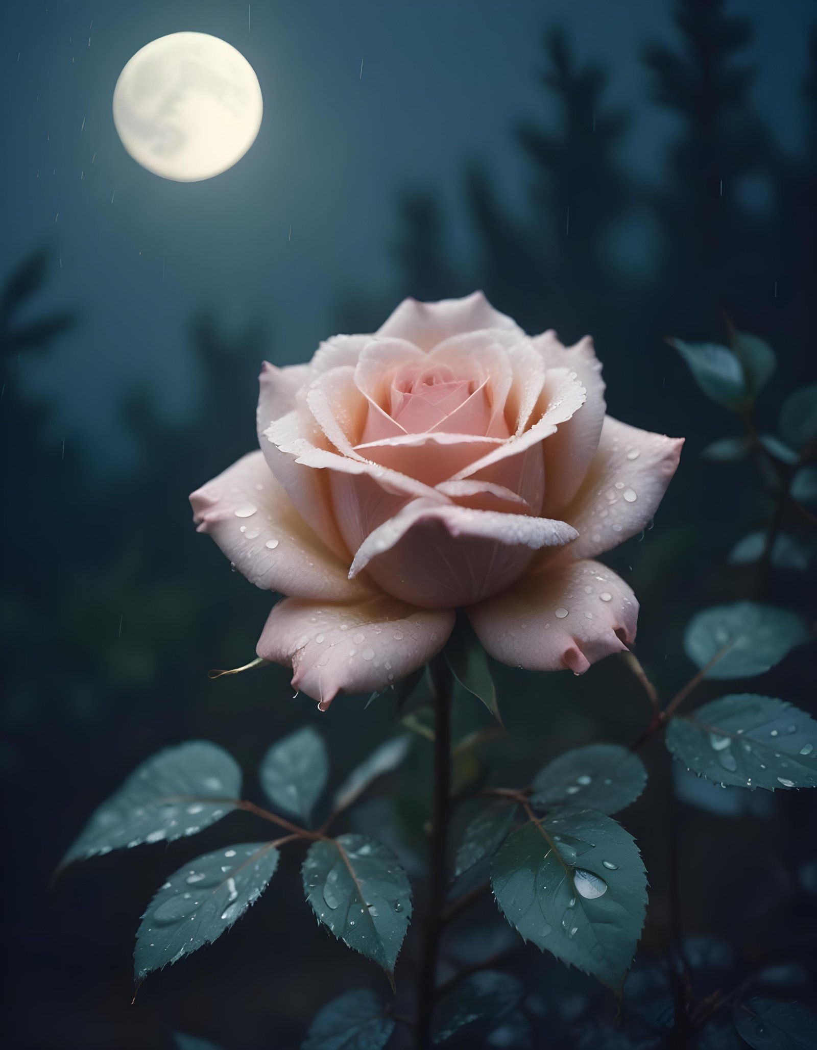 Romantic Rose Flower Under Moonlight with Dreamy Night Garden Background